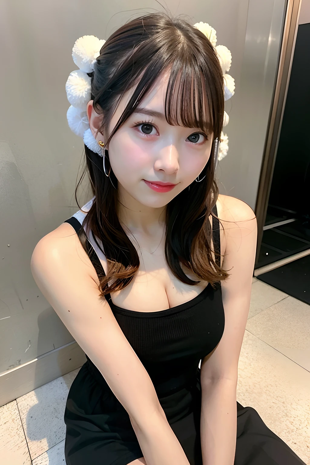 1 Girl Solo, Pretty little girl face, Wearing hoodie, wearing tube top, wearing skirt. Wearing high heels, earphones, Japanese Models, 25 years old, No makeup, middle breasts, in flower shop