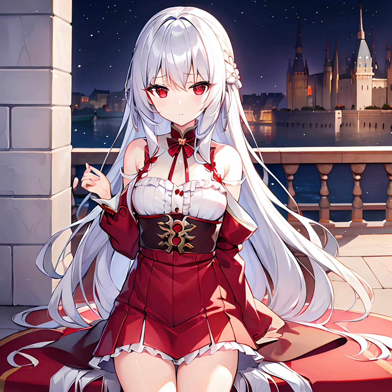 (masterpiece, best quality:1.4), cinematic light, colorful, high contrast, 1girl, medium breasts, off-shoulder shirt, high-low skirt ,
toeless footwear, tube socks, floating castle, night, lotus position, white hair , grey eyes, rainbow hair, single hair intake, big hair, low-braided long hair, nipple slip
