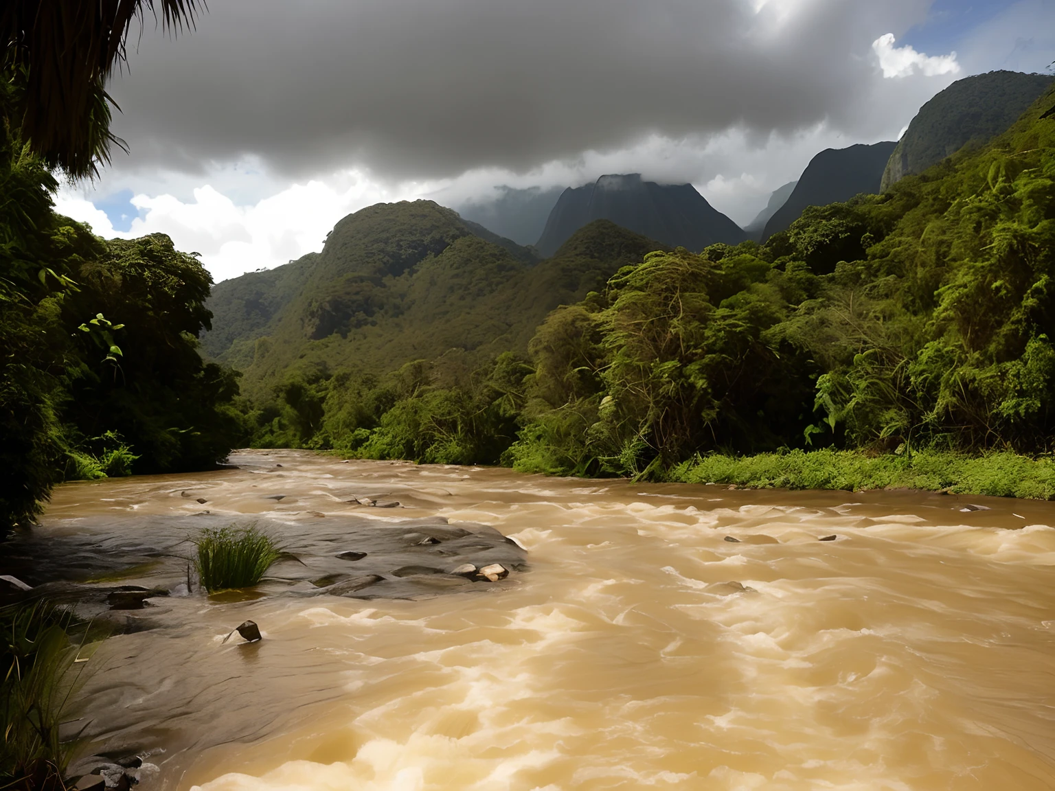 There is a river with a small stream that runs through it, Rio da cobra na selva, Rio Thomas, . Background Story: Rio da Selva, Em um rio africano, rio com papagaios voando baixo, river with stunning water, Rio gigante, rio ao fundo, rio com plantas pendentes baixas, with trees and rivers, river confluence, corredeiras do rio, Ambiente do Rio Nilo, corredeiras