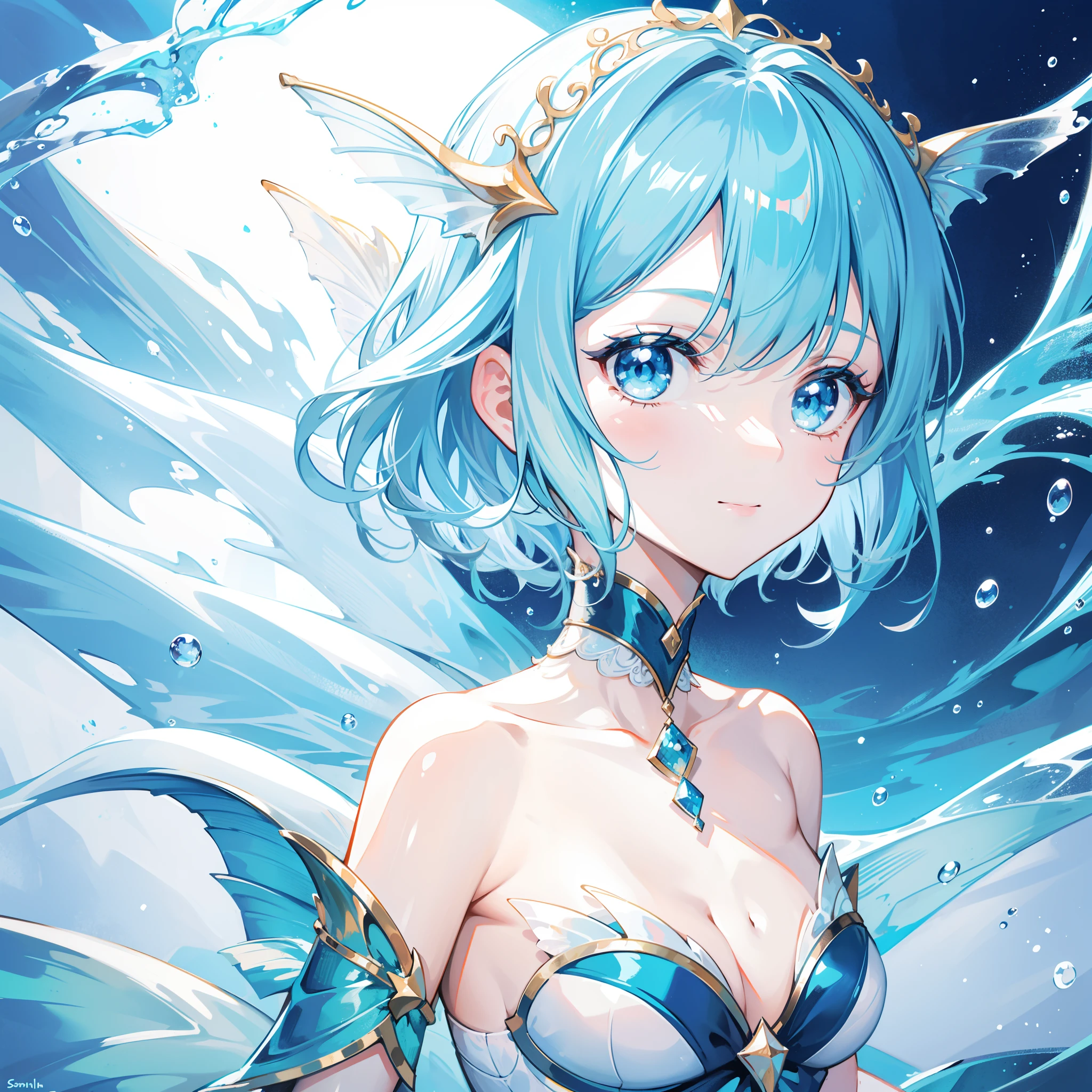 (1 man),(Short hair in white color),blue color eyes,Mermaid ears,Mermaid tail,The background is the bottom of the sea,merfolk,ssmile,facial closeups,(Face portrait)
