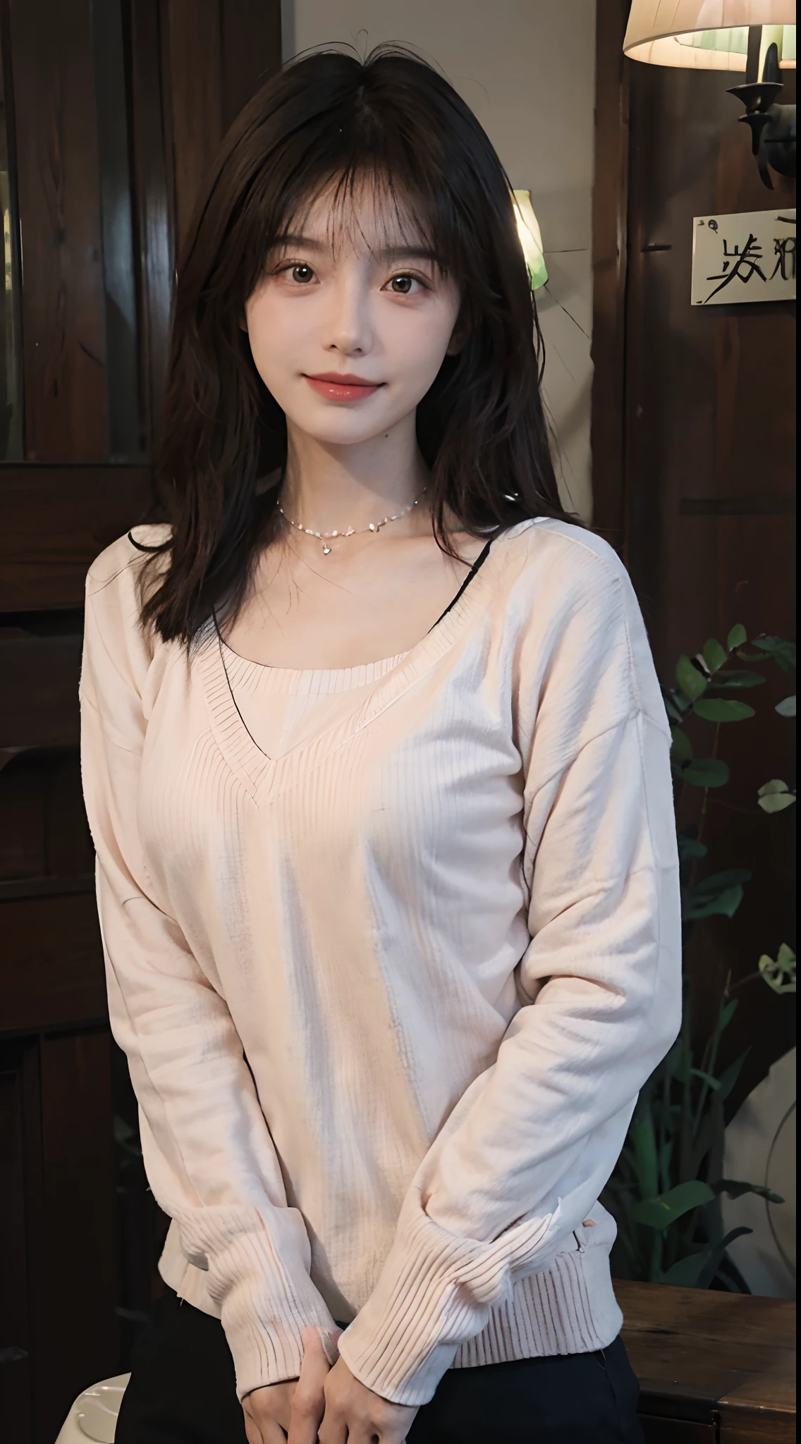 best qualtiy， 超高分辨率， （realisticlying：1.4），cute hairpin，Baoyu Girl，1girll, Beautiful woman with a slim figure:1.4, Abs:1.1, (A brown-haired, mideum breasts:1.3), Long pink sweater:1.1, 浴室,Ultra-fine face，Elaborate Eyes，二重まぶた，ssmile，choker necklace