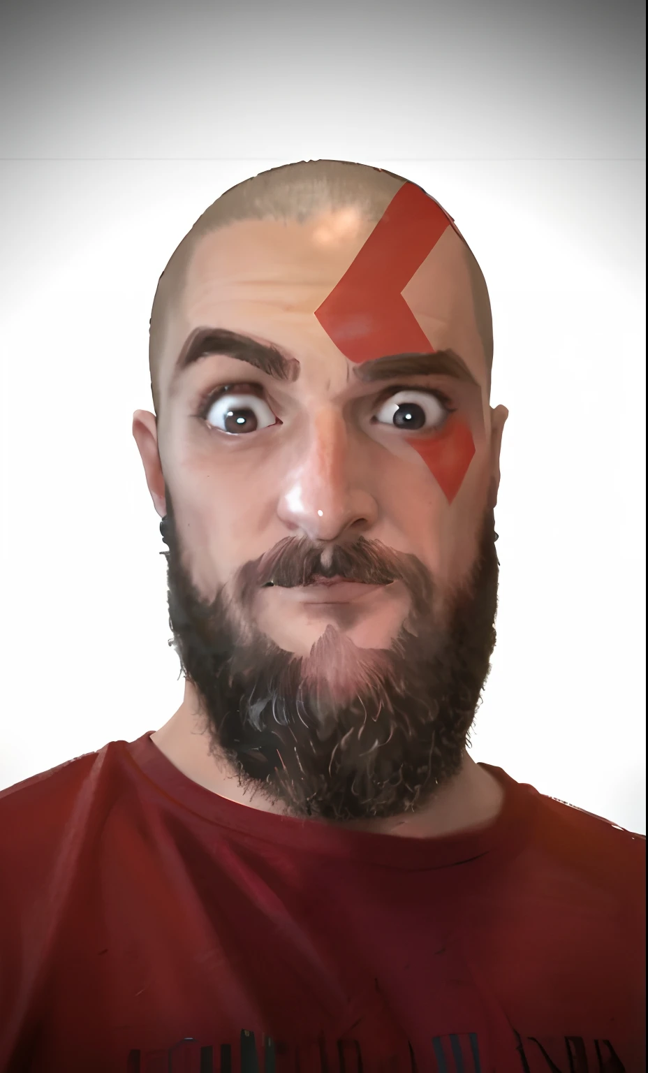 Homem com um rosto vermelho e branco com uma flecha vermelha na testa, Kratos, Cicatriz do raio na testa, Retrato de Kratos, com tatuagens de runa no rosto, com barba leonidas, Sam Hyde em God of War 4, Avatar de videogame, barba vermelha, Geralt (disambiguation), androide james, rosto machucado, pintura do rosto do guerreiro vermelho