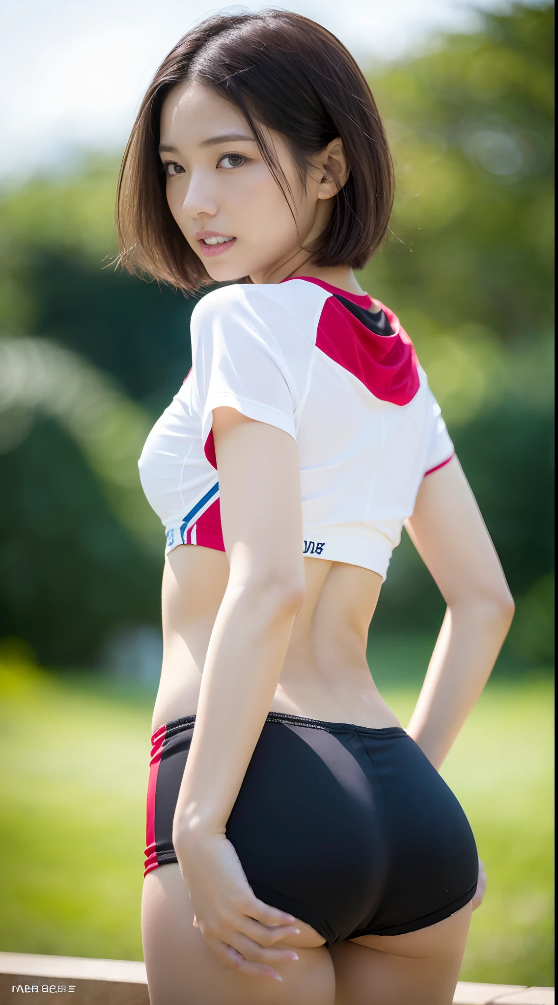 (masutepiece:1.3), (8K, Photorealistic, Raw photography, Best Quality: 1.4), japanse, Beautiful face, (Lifelike face), (Short-cut hair:1.3), Realistic eyes, Beautiful eyes, (realskin), Beautiful skin, Ultra high definition, Hyper-realistic, hight resolution, Beautiful Japan Woman、(Change of clothes:1.5)、Land Track、track and field、(from the rear:1.4)、(Dig into the buttocks:1.2)、Face biting teeth、(athletic field)