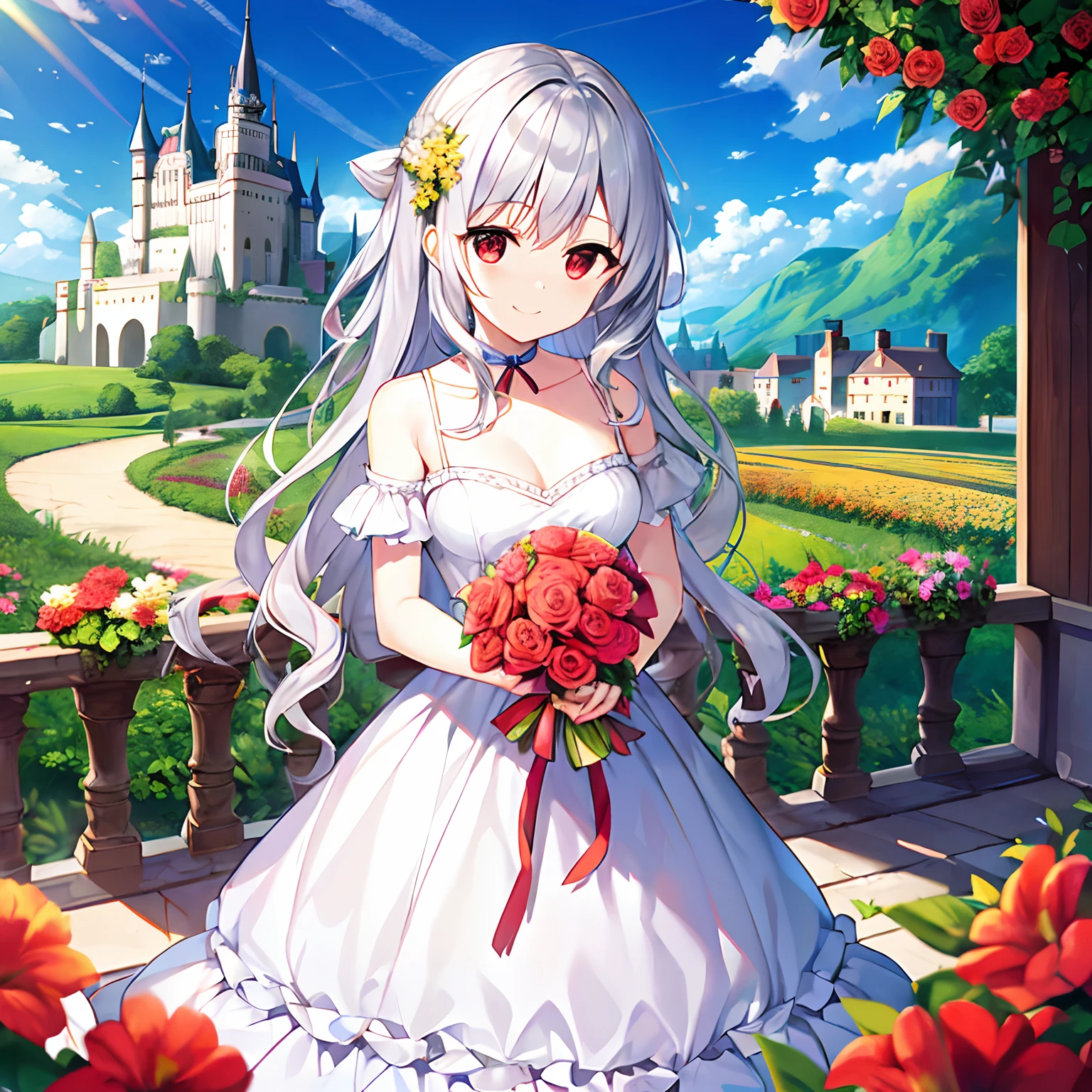 wavy silver hair、red eyes、Beautiful girl alone、独奏、animesque、Have a bouquet、doress、off shoulders、flower field、Castle in the background、a smile