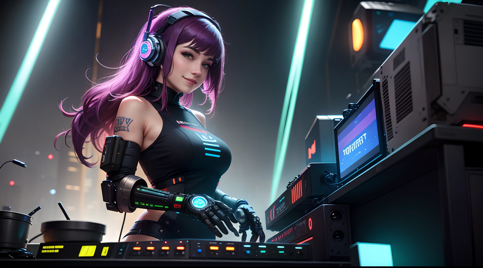 Long-range shots,wide wide shot,(Best quality), (Masterpiece), A beautiful cyberpunk woman,Robotic arm(Female DJ)Hefty Smile,DJ headphones, Mixing Console,,Outdoor music festival,Shanghai concert
