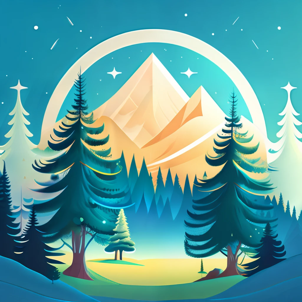 Spruce trees in spring, T-shirt design, rzminjourney, vectorial art,Full of life,sunraise,4K, High details, High quality,In the background are the sky,symmetrical fantasy landscape,in style of digital illustration,2D illustration