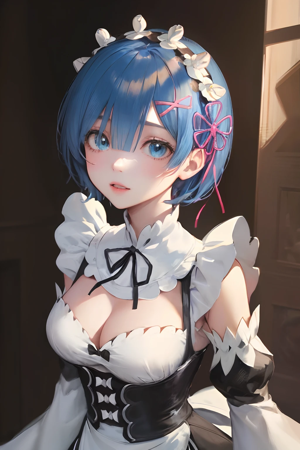 highres, sharp focus, pixiv masterpiece, ((intricate details)), highly detailed, upper body, 1girl, rem_re_zero, blue hair, short hair, maid uniform, hair ornament,  cleavage, maid headdress, detached sleeves, ribbon,,