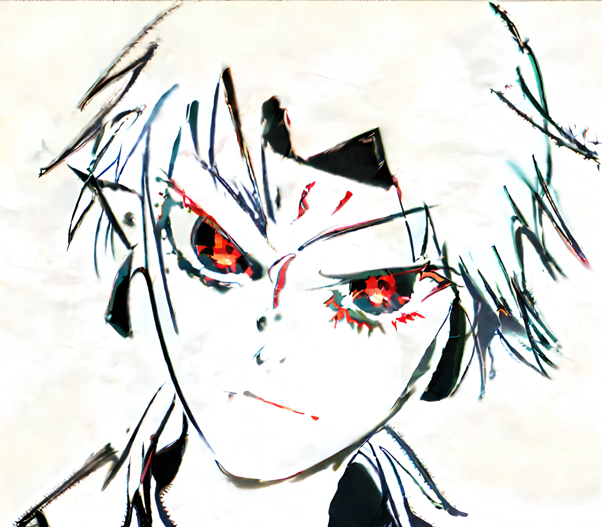 Anime characters with red eyes and black hair on white background, highly detailed angry anime face, 2 d anime style, with red glowing eyes, with glowing red eyes, with red eyes, Kill Pull Kill illustration, Epic anime style, Detailed anime face, fully red eyes, Sharp red eyes, anime style digital art, made with anime painter studio, style of anime