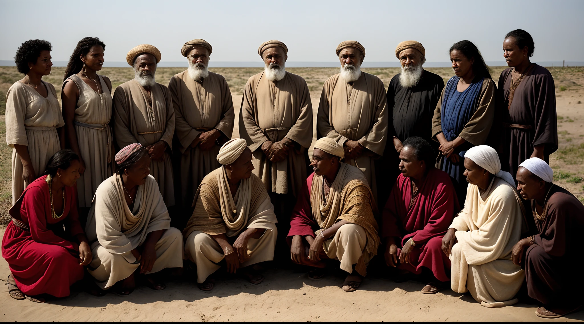 A group of diverse individuals, including elderly women, young , and men of various ages, gather together in a scene reminiscent of ancient times during the era of Moses. Their clothes are worn and tattered, bearing the marks of time and hardship. Despite the dirt and dust that cling to their attire, their faces carry a mixture of emotions – a blend of sorrow, resilience, and hope. The portrait is a masterpiece of artistic composition and technical mastery. Captured with remarkable precision and clarity, every intricate detail comes to life in high resolution. The subjects are thoughtfully arranged, with a focus on capturing the essence of each person's unique presence. The lighting is skillfully employed, casting a soft, illuminating radiance that accentuates their expressions and contours their features. The color palette is vibrant, with a delicate interplay of shades that adds depth and dimension to the image. The contrast between the somber backgrounds and the individuals' lively personalities draws the viewer's gaze, creating a sense of connection that transcends time. This evocative portrayal serves as a poignant reminder of the human experience across generations, highlighting the strength and stories etched into each individual's journey.