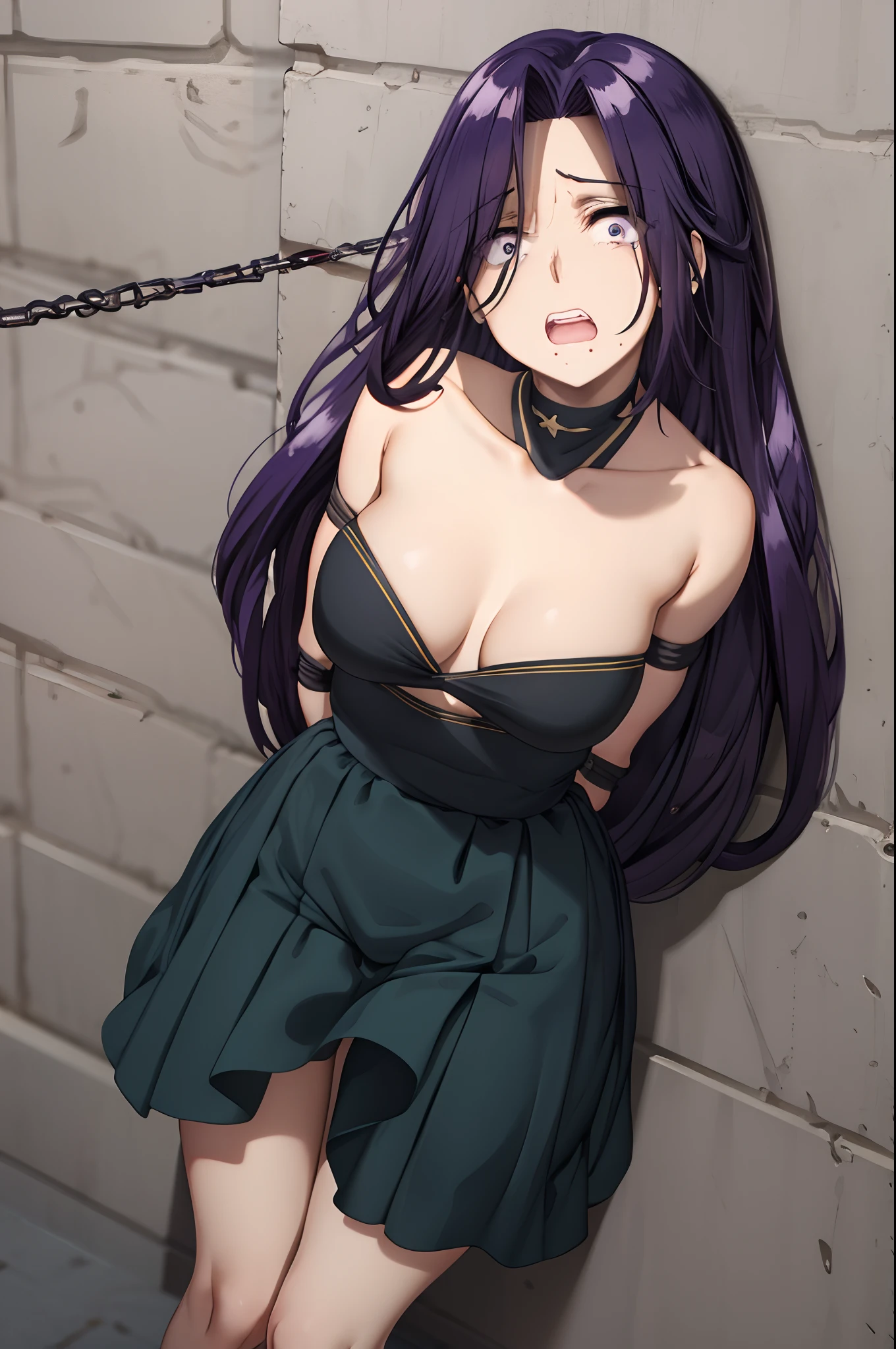 scared expression open mouth clenched teeth,(bondage:1.3),(tied up:1.4)AuroraV4, 1girl, solo, looking down at viewer, purple hair, long hair,disqusted,disappointed,naked