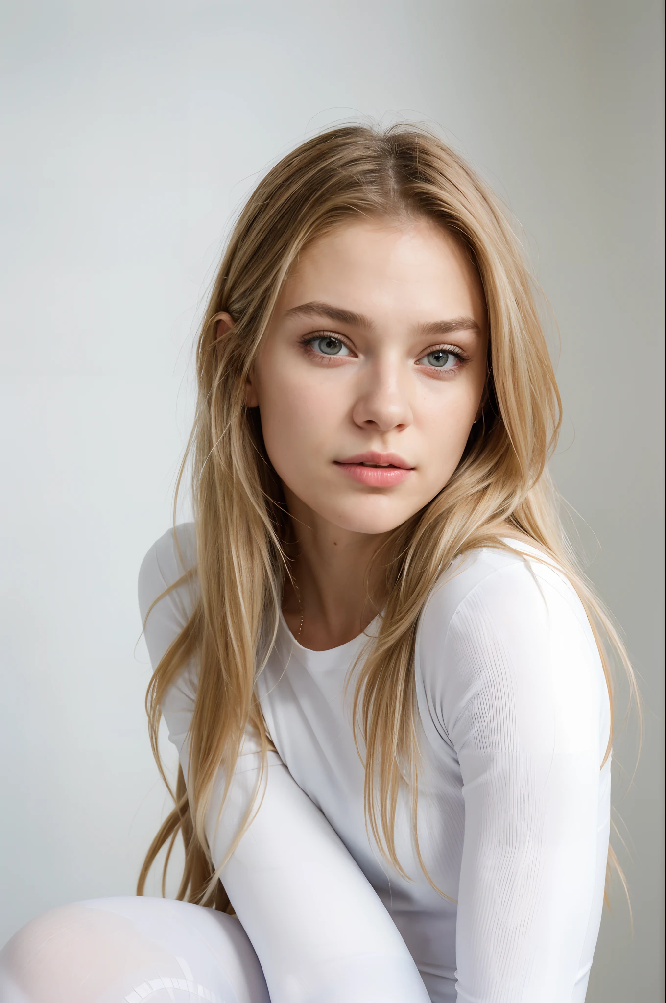 (masterpiece), (best quality:1.0), (ultra highres:1.0), portrait, 1 girl, detailed beautiful, face focus, tomboy, skinny, very long hair, norway face, wallpaper 8k, (white colorful hair), beautiful woman,  makeup, tight leggings, full body
