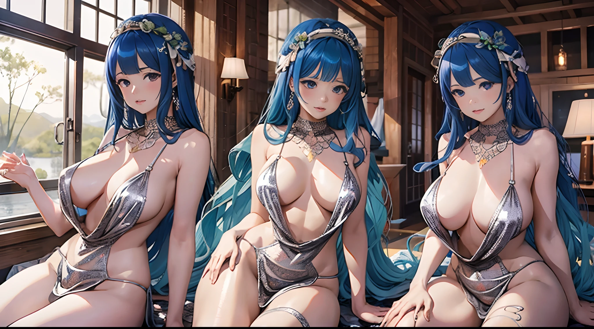 06
(Enrich the picture,Masterpiece level quality)Beautiful 8K CG artwork,Goddess-like posture,sittinng on the river,Postural exercises,Slim and soft,Translucent skin,Blue hair、The beauty of extra-long hair, Super Long Straight Hair,The skin is fair and juicy,Big breasts lingerie miniskirt uniform,Perspective Part 1.2x enhanced silhouette effect,Exquisite transparent blues pattern in pajamas,The details are intricate and exquisite,The background is slightly blurred,Charming and lustful leg seduction,Drool,K cup big breasts,Blush,Japan goddess,Perfect body slim curves,Scene by the sea,Scene of 3 girls sitting by the sea,