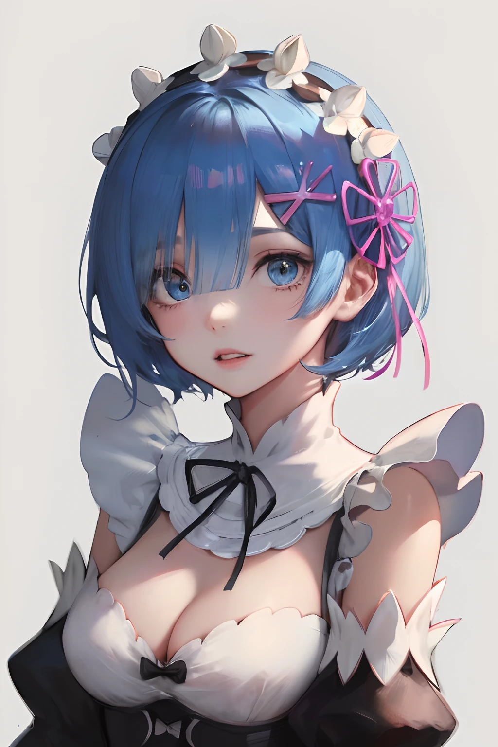 highres, sharp focus, pixiv masterpiece, ((intricate details)), highly detailed, upper body, 1girl, rem_re_zero, blue hair, short hair, maid uniform, hair ornament,  cleavage, maid headdress, detached sleeves, ribbon,,