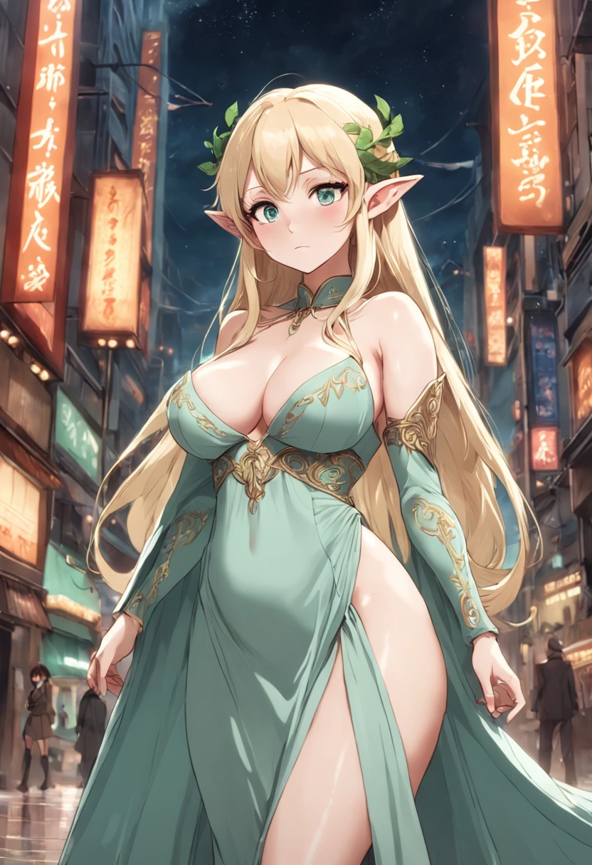 (age30 mature) (elf woman blonde tall) (SFW busty voluptuous SFW huge breasts curvy) (intricate detailed long dress) (detailed mint green eyes)