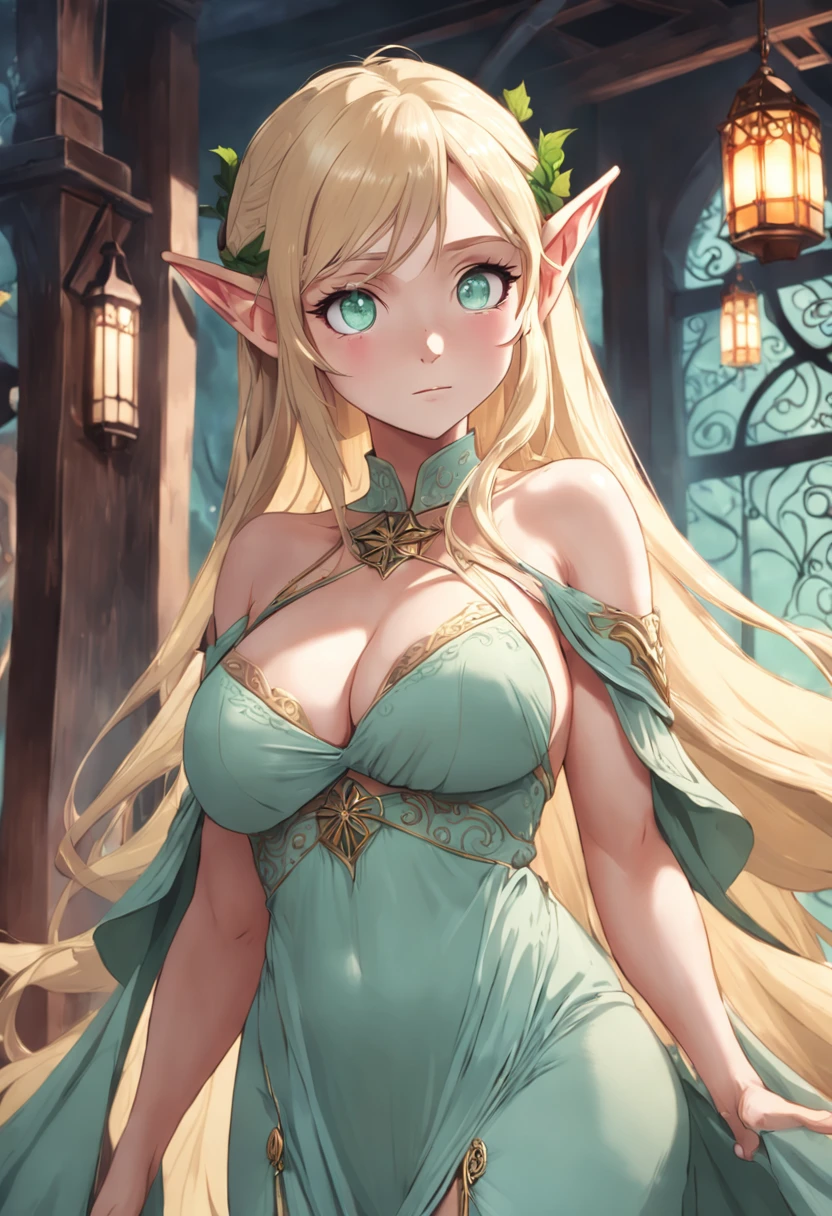 (age30 mature) (elf woman blonde tall) (SFW busty voluptuous SFW huge breasts curvy) (intricate detailed long dress) (detailed mint green eyes)