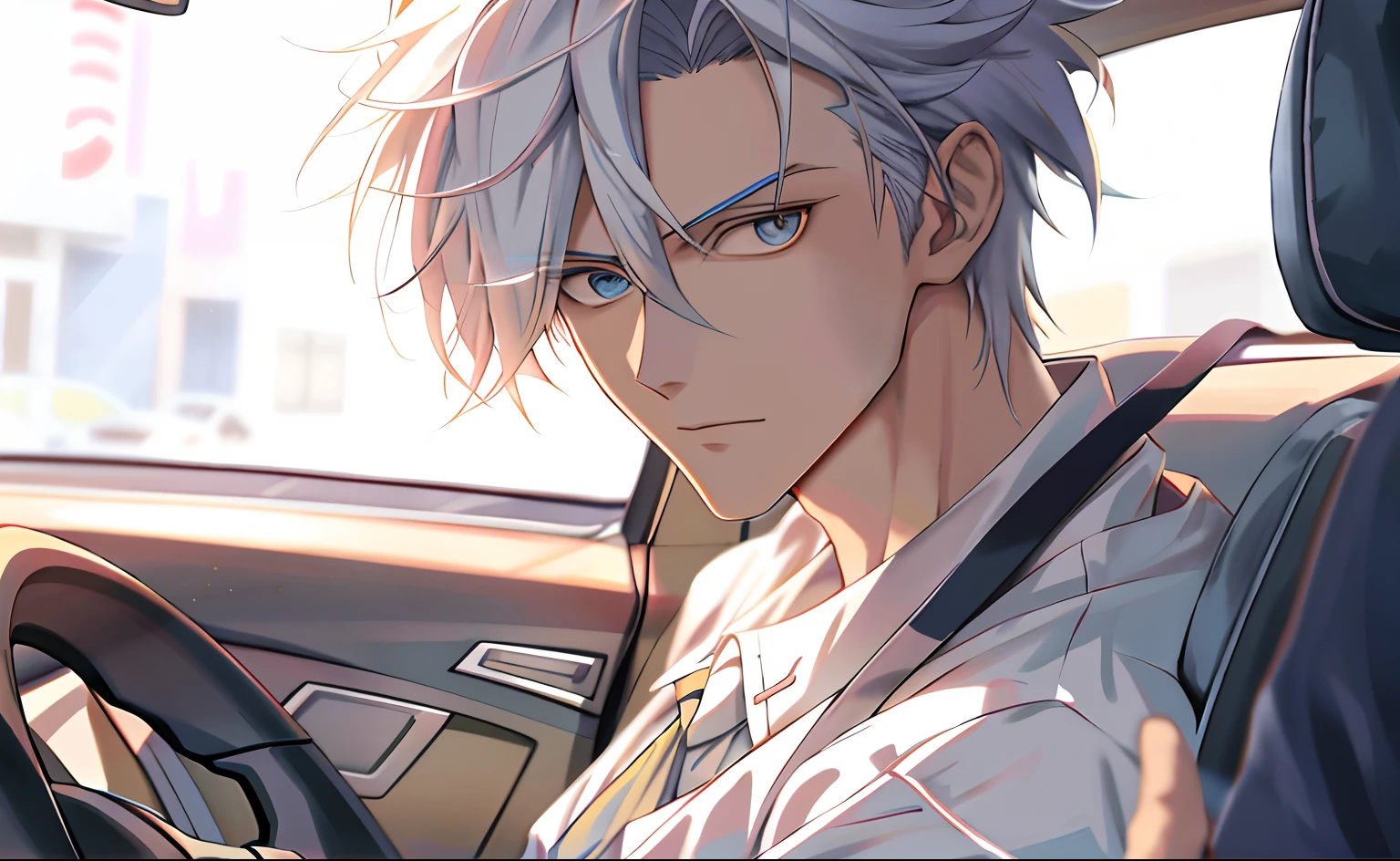 Anime - a style image of a man with white hair driving a car, Anime handsome man, Tall anime guy with blue eyes, Guviz, Anime portrait of a handsome man, young anime man, Guviz-style artwork, male anime character, Handsome anime pose, handsome guy in demon killer art, Anime boy, trending on artstation pixiv