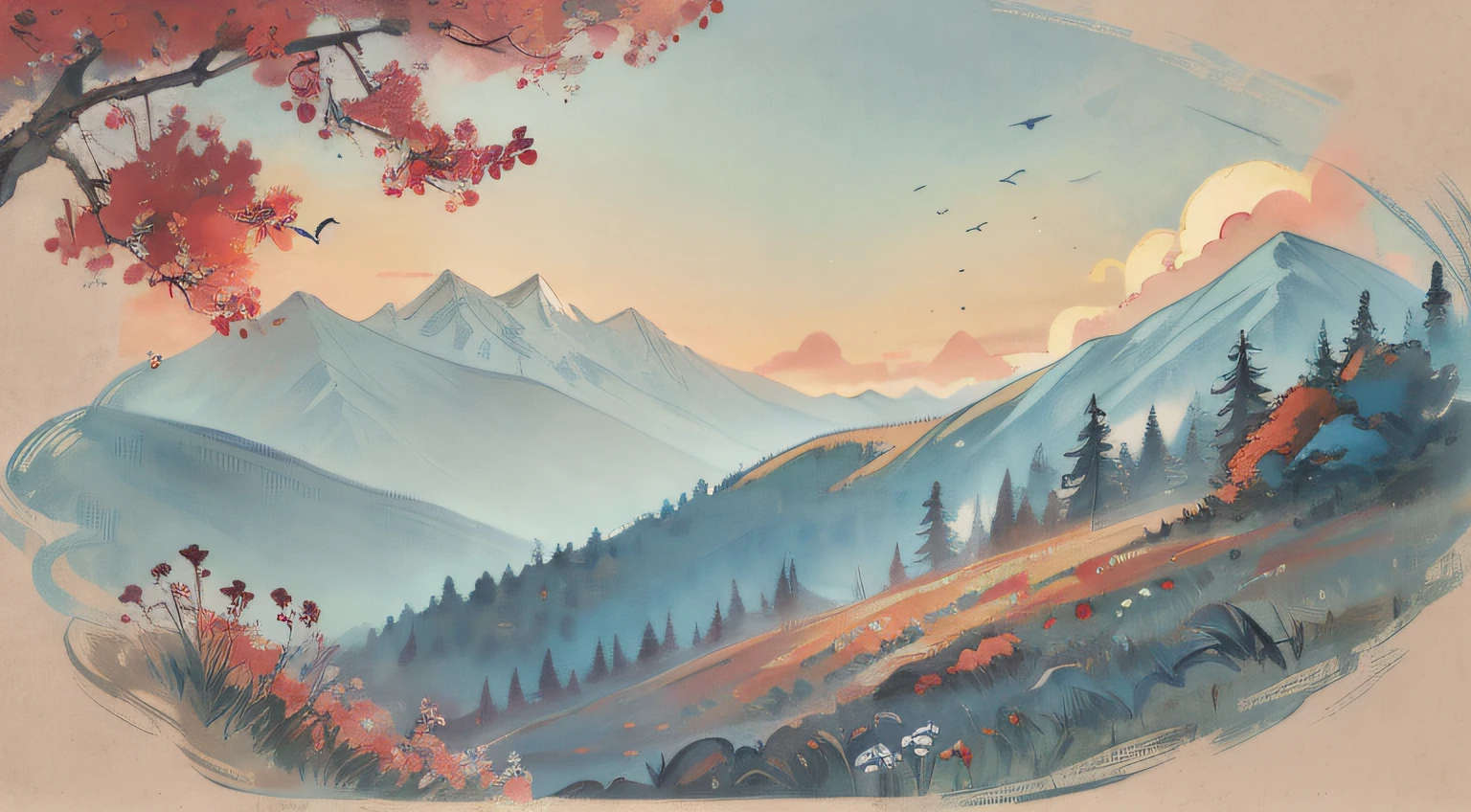A painting of flowers and birds, the painting is a lot of flowers blooming on the ground, mountains and rivers, woods, hills, a red full moon in the sky, (do not appear figures)