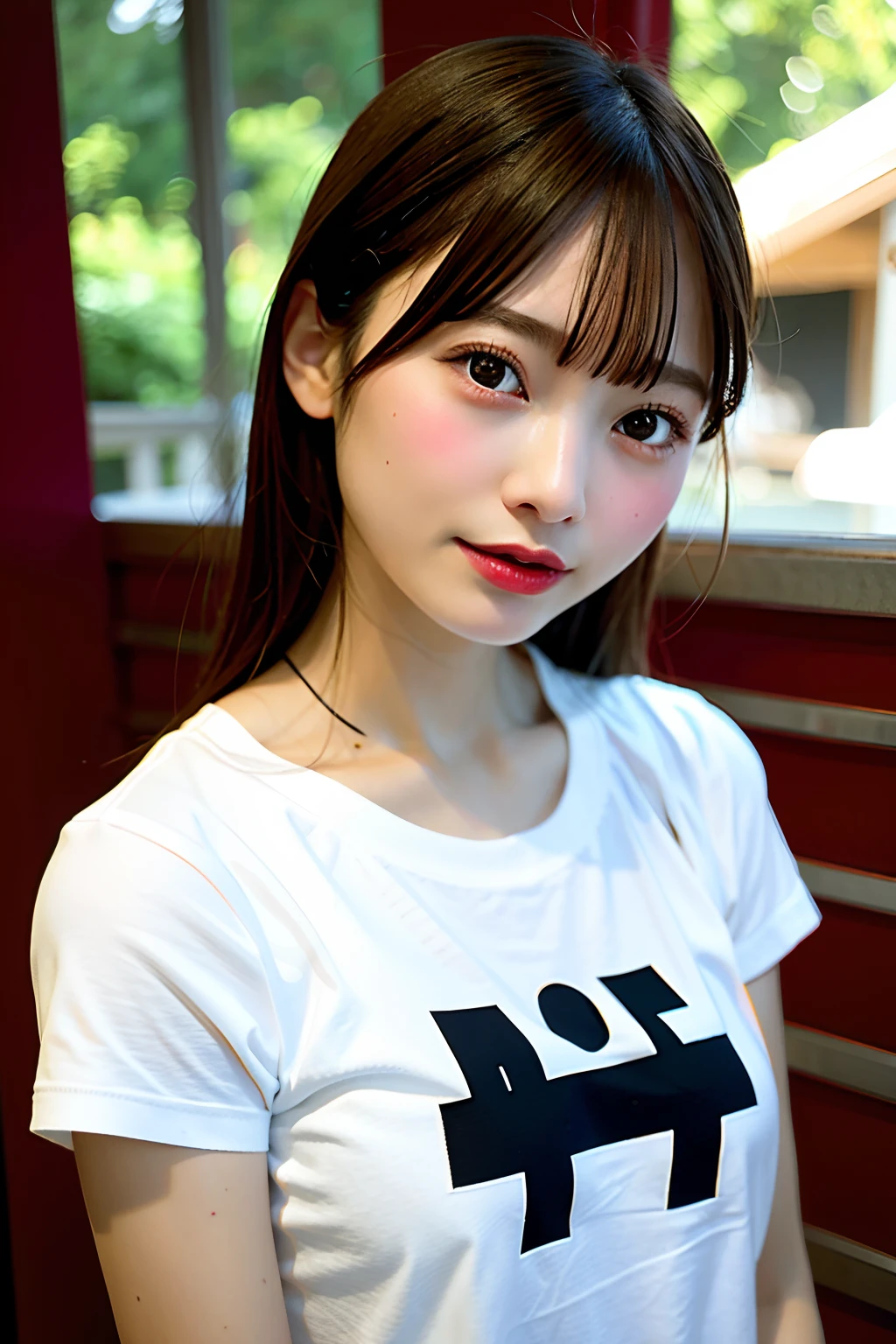 High-fashion photo, editorial photo, 1 Girl Solo, Pretty  girl face, Wearing artistic T-shirt , Japanese Models, 25 years old, No makeup, middle breasts, at summer festival