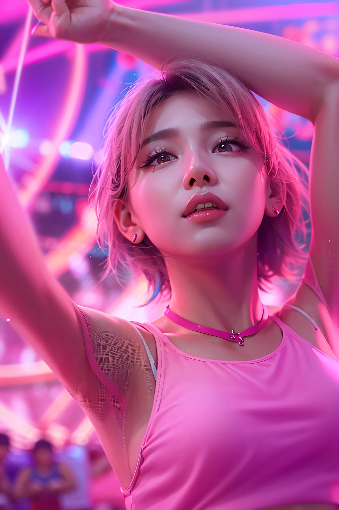 1girl, super beautiful girl, dream girl, wearing pink mini lycra shorts and pink crop top, ulzzang, dancing, in the background a concert in an amusement park, lightning in the sky, ultra details, ultra realistic, cinematic , octane render, 16k