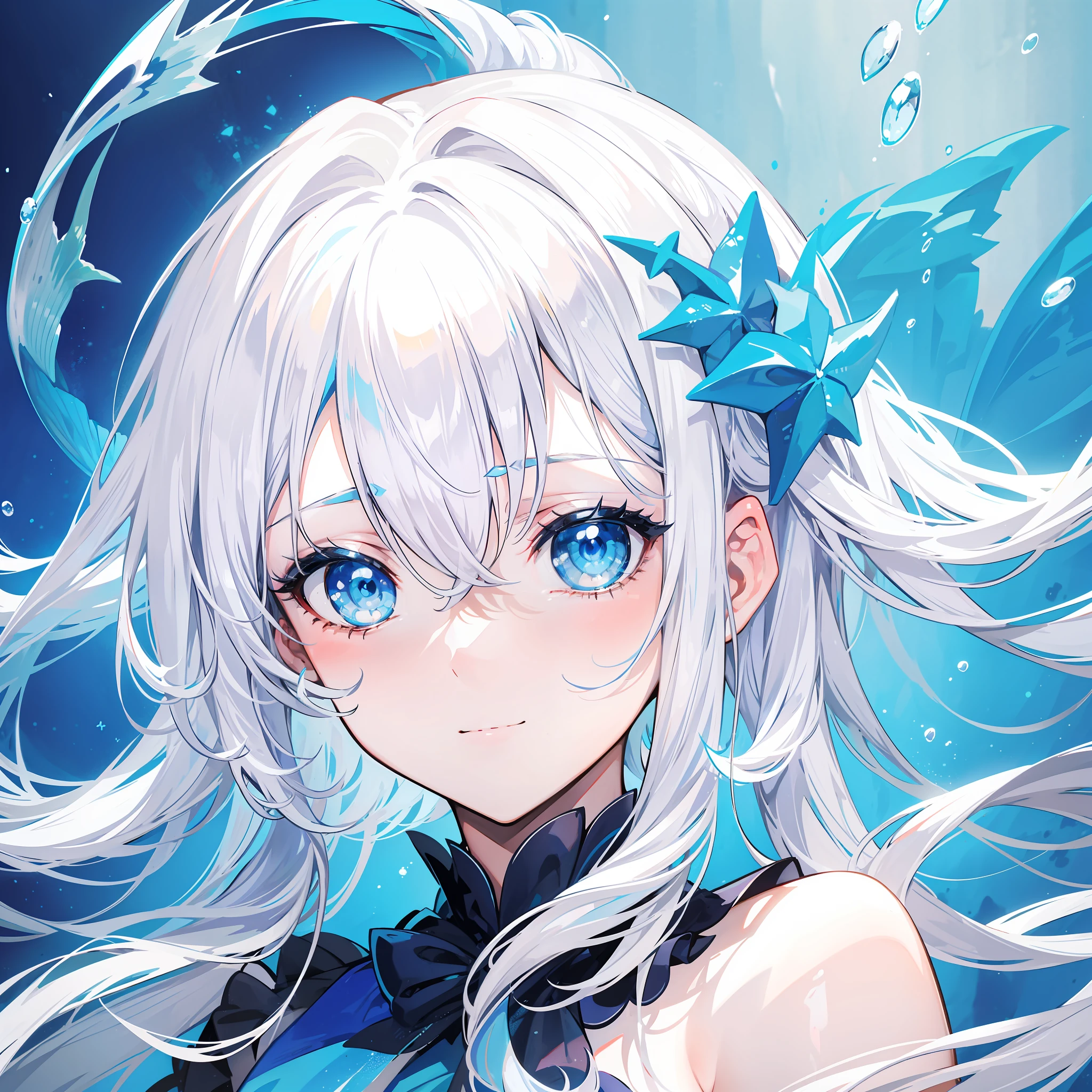 (1 man),(Short silver-white hair),blue color eyes,Mermaid ears,Mermaid tail,The background is the bottom of the sea,merfolk,ssmile,facial closeups,(Face portrait)