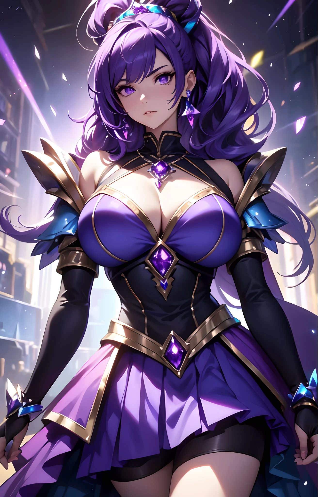 best qualityer，tmasterpiece，Ultimate resolution，downy，Extremely colorful，Colorful，Lady Knight，Royal Sister，closeup of face，Blue-purple armor skirt，Full body set with gemstones，amethyst，huge tit，（Short thin purple hair，High ponytail），Shield set with precious stones，jewelry，Pedras preciosas，Normal posture