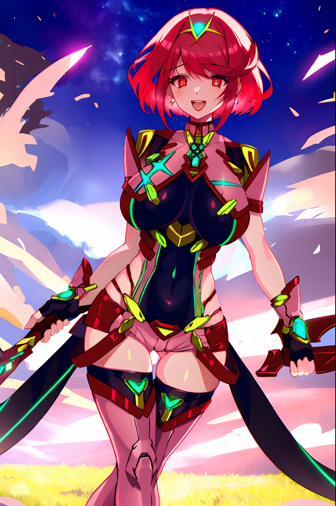 pyra \(xenoblade\), _1girl, armor, bangs, black gloves, breasts, red eyes, closed mouth, earrings, eyelashes, fingerless gloves, floating hair, framed breasts, gem, gloves, hair ornament, headpiece, jewelry, big_breasts, leaning back, leotard, neon trim, official art, pose, red hair, red shorts, saitou masatsugu, short hair, short shorts, short sleeves, shorts, sidelocks, skin tight, solo, standing, swept bangs, thighhighs, tiara, night_prairie_background, turtleneck, underbust, vambraces, xenoblade chronicles \(series\), (xenoblade chronicles 2), apart_legs, fire_effect,dynamic_pose,fighting,light_smile, (plump:1.1), big_ass,huge_sword, hold_large_sword_hilt, solo, covered_nipples, covered_pussy,open_mouth,back_view, fists,