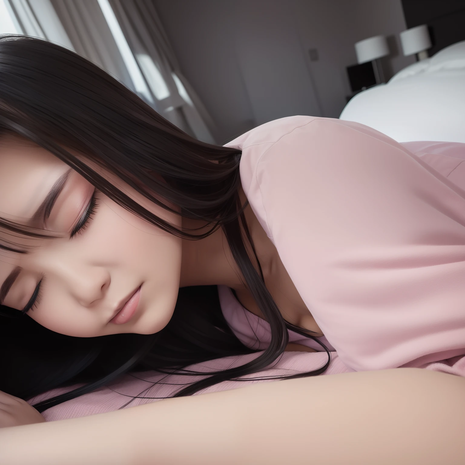 hightquality, masutepiece, 1girll,best qualtiy，Bedroom, window, Night outside the window, closed her eyes，The time is 24 hours, Are sleeping，Don't look at the lens，lie on one's side，face perfect，there is a woman that is laying down in a bed，Large pillow, A dark-haired, Bury your profile in your pillow，beautiful a girl,, Black hair girl with long hair, Luxurious pajamas,