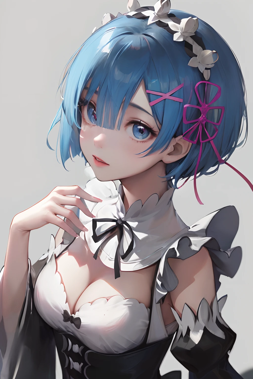 highres, sharp focus, pixiv masterpiece, ((intricate details)), highly detailed, upper body, 1girl, rem_re_zero, blue hair, short hair, maid uniform, hair ornament, cleavage, maid headdress, detached sleeves, ribbon,,