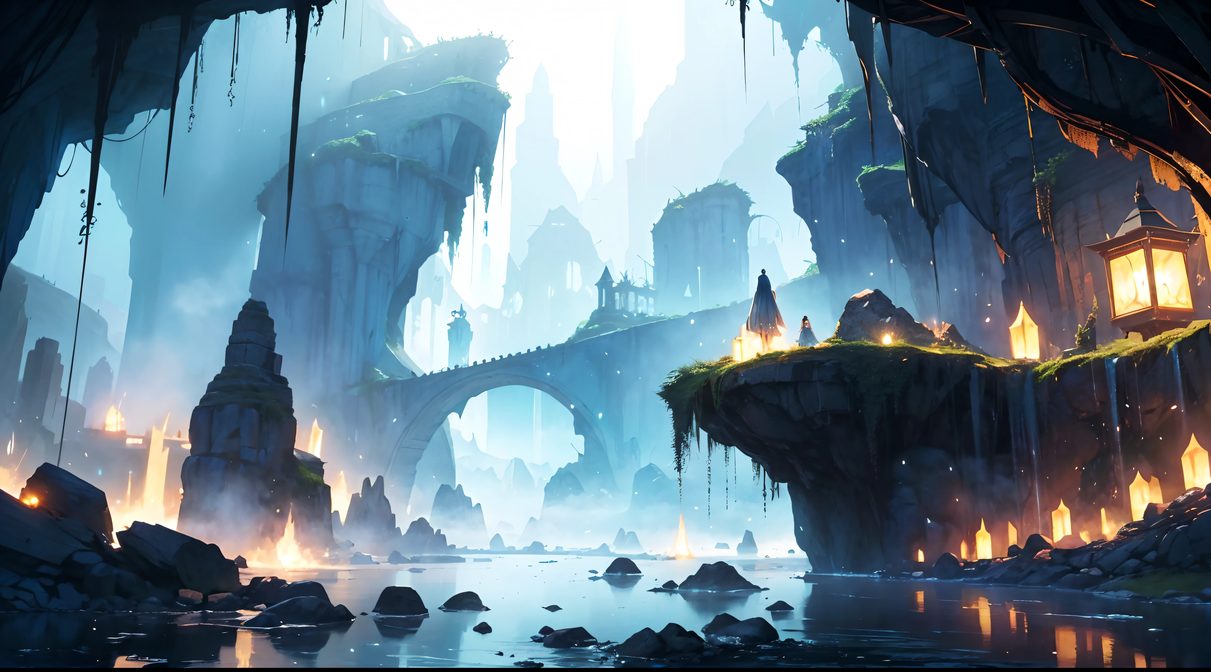 "(by Greg Rutkowski: 1.2), (masterpiece), (best quality), extremely delicate and beautiful, illustration, (fantasy landscape), A mesmerizing fantasy landscape with enchanting elements blending seamlessly. (Majestic crystal cave mine), huge crystal, adorned with vibrant blue hue glow reflecting off the surroundings. A sense of tranquility and wonder fills the air, inviting exploration and discovery, depth of field, HDR, intricate, delicate"