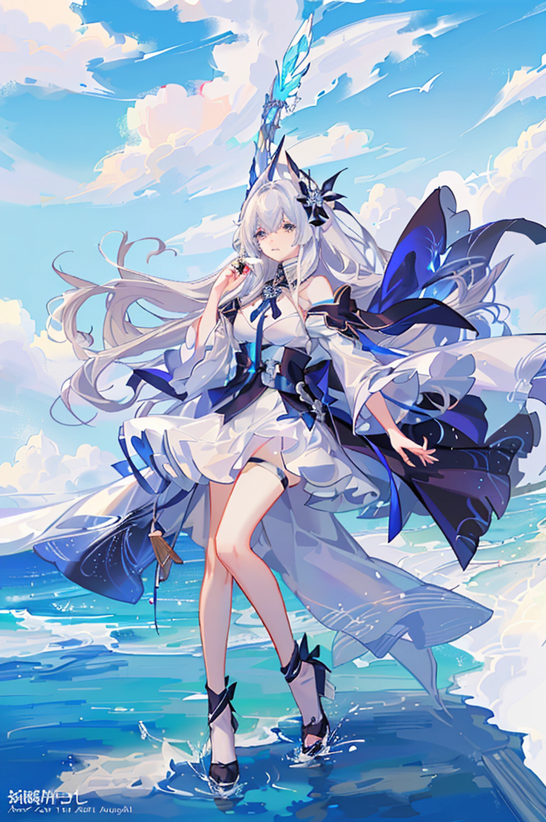 Anime girl in white dress and blue cape walking on beach, white-haired god, azur lane style, From Arknights, Onmyoji detailed art, trending on artstation pixiv, Anime goddess, onmyoji, beautiful fantasy anime, goddess of the sea, 《azur lane》role, Digital art on Pixiv, A scene from the《azur lane》videogame