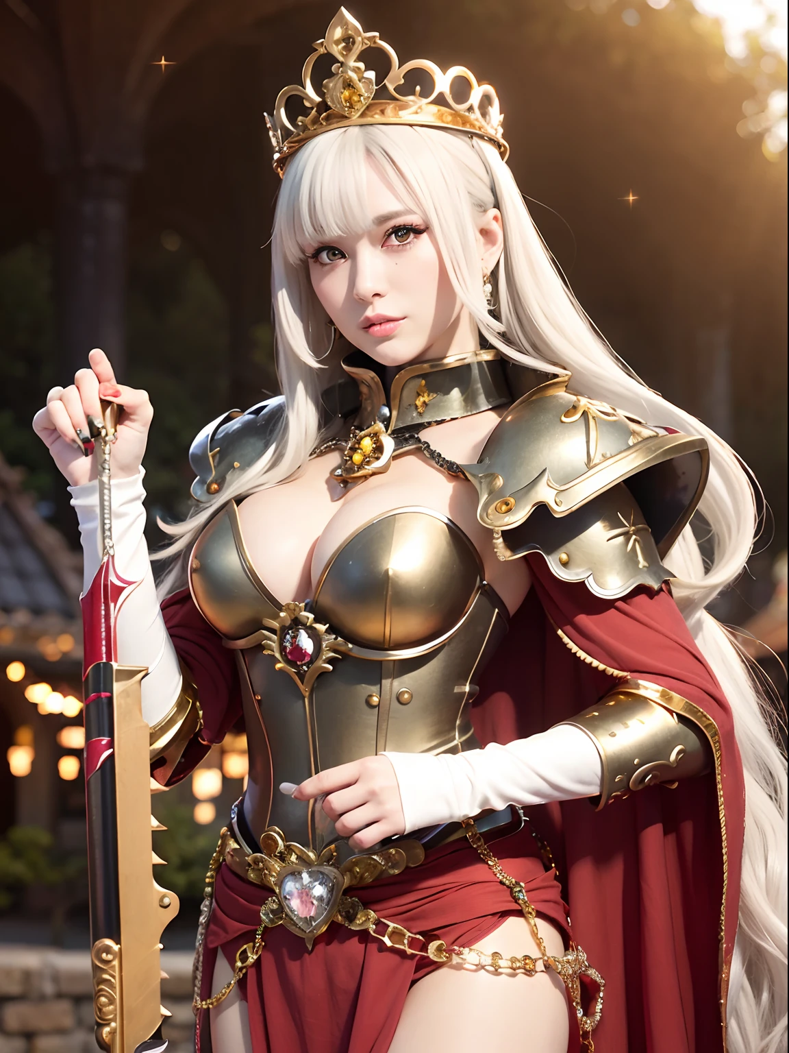 (masutepiece), Professional , ​masterpiece、top-quality、photos realistic , depth of fields （Gemstone Silver Metal Body:1.９),(Matte White、Jewel Gold Weapon、（Gorgeous castle background）、（ultimate beauty girl）、（Jewel Metal Body:1.４),Gorgeous Jewel Metal Weapons , Detailed Sword of the Brave ,（ Soldier background in metal armor）   ,warhammer 40k , adepta sororitas,Detail and ornate jewel crown、独奏、Black hair、（Gangle's forest background）、Beautiful Caucasian beauty、１a person、dynamic ungle,(((Diamond tiara with detail and luxury)))、a small face、A smile、Powerful poses、（Gorgeous castle background）、huge filesize、20 year old beautiful woman、Stand in the center of the screen、Thin female fingers、Straight long hair、Beautiful Caucasian beauty、Whole body、