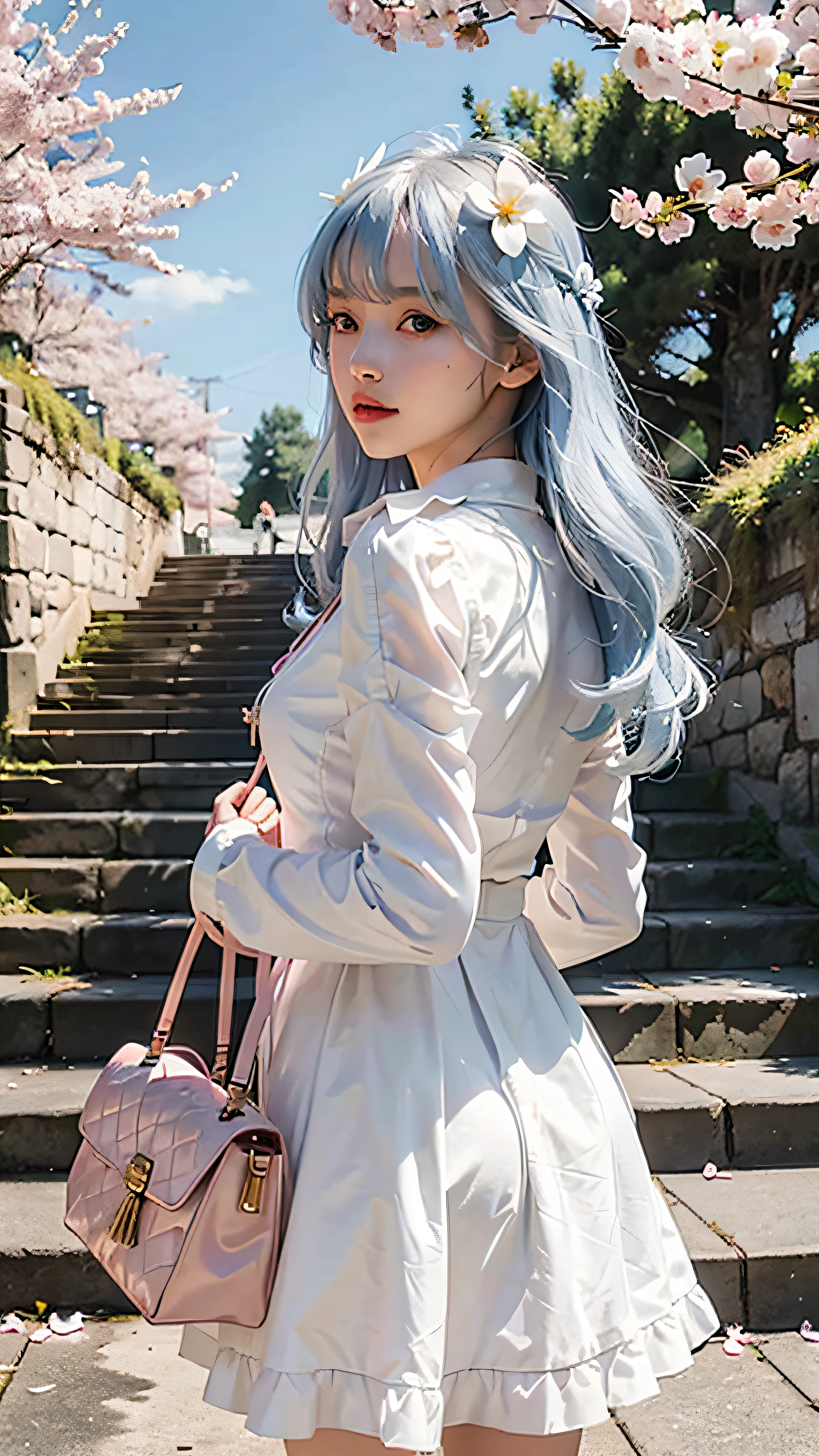 1 girl, bird, umbrella, long hair, outdoor, dress, solo, blue eyes, holding, white dress, pink flower, flower, white hair, day, holding umbrella, petal, bag, stairs, long sleeves, looking at the audience, sky, bangs, turning back, cherry blossoms, sailorswain, hair flower, blue sky, standing, hair ornament, bow, tree