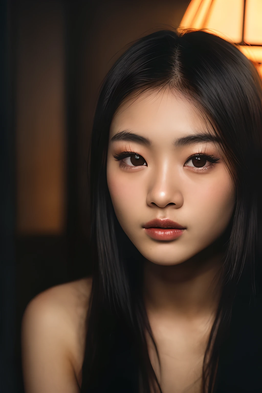 (close-up, editorial photograph of a 21 year old Japanese woman), (highly detailed face:1.4) (smile:0.7) (background inside dark, moody, private study:1.3) POV, by lee jeffries, nikon d850, film stock photograph ,4 kodak portra 400 ,camera f1.6 lens ,rich colors ,hyper realistic ,lifelike texture, dramatic lighting , cinestill 800, professional makeup
