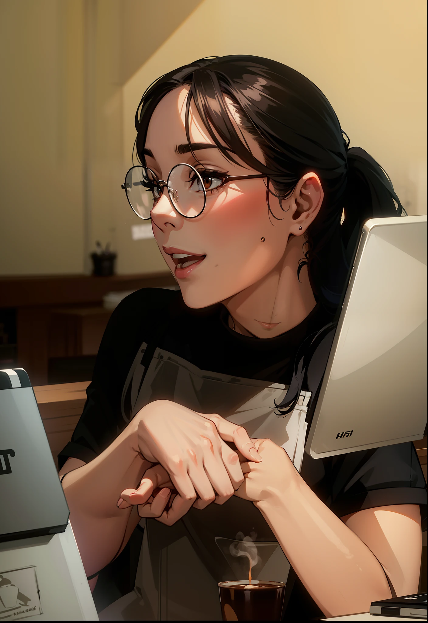 tmasterpiece,high qulity,one-girl,wears glasses,Tie a ponytail,Light smile,Apply lipstick,Black T-shirt,Coffee-colored cloth bags,Fold your hands,Fingers correct,adolable,Cartoon anime style,The background is blurred out,The background is inside a coffee shop,coffee machines,4K,Ray traching,