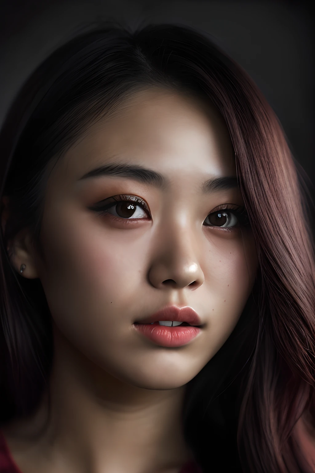 (close-up, editorial photograph of a 21 year old Japanese woman), (highly detailed face:1.4) (smile:0.7) (background inside dark, moody, private study:1.3) POV, by lee jeffries, nikon d850, film stock photograph ,4 kodak portra 400 ,camera f1.6 lens ,rich colors ,hyper realistic ,lifelike texture, dramatic lighting , cinestill 800, professional makeup