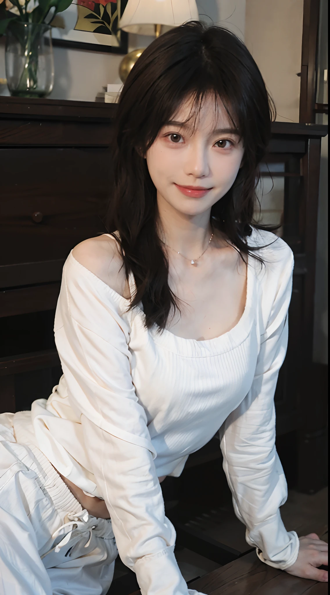 best qualtiy, 超高分辨率, (realisticlying:1.4),cute hairpin,Baoyu Girl,1girll, Beautiful woman with a slim figure:1.4, Abs:1.1, (A brown-haired, mideum breasts:1.3), Long pink sweater:1.1, 浴室,Ultra-fine face,Elaborate Eyes,二重まぶた,ssmile,choker necklace