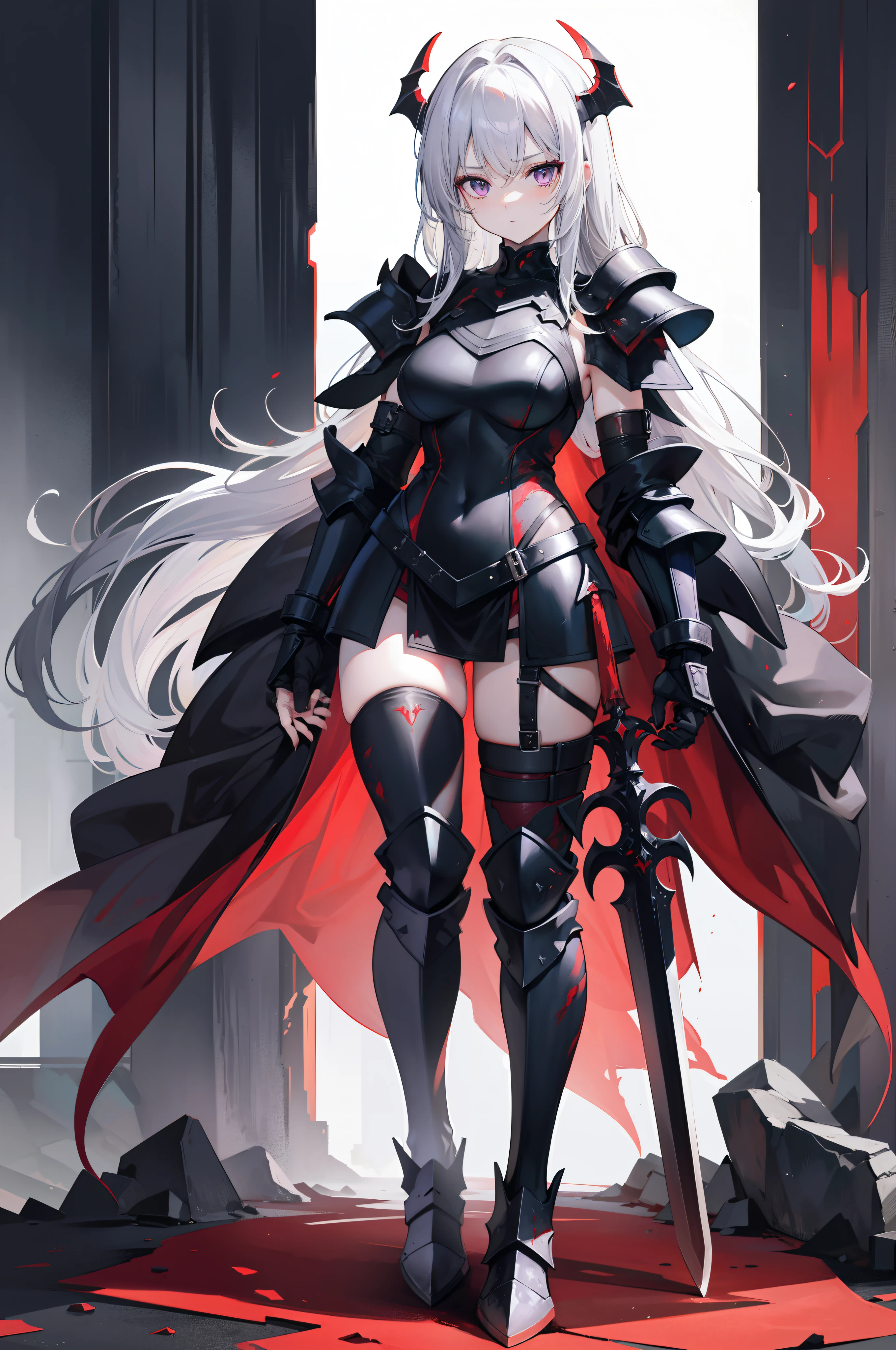 A woman, holy paladin, Wears intricate and heavy black-red armor, conservativelydressed, Knee protectors, Leg nails, Shoulder blades, hand armor, Combat boots, Holding a blood-stained sword, The ground was covered with blood and corpses, Corpse mountain and sea of blood, His body was covered in blood, The armor is broken, full bodyesbian, Full body like, standing on your feet, Faraway view, in a panoramic view, Eyes resolute, There is no mercy, cold-hearted, Silver hair, Long hair, Messy hair, Parted bangs, Purple eyes, Masterpiece, Award-Awarded, Best quality