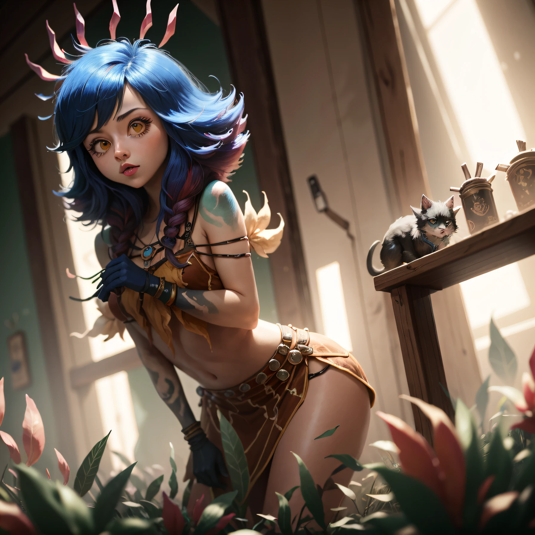 CaitlynXerife de Piltover, League of Legends, lol, feliz, muito feliz, dando gargalhada, de biquini preto, olhando pro expectador, corpo humido, big explosion on the background, sensualidade no corpo, peito pequeno, biquini apertado, provocante, bico do peito marcando, obra primea, melhor qualidade, arms behind the body, maravilhosa,, destruction