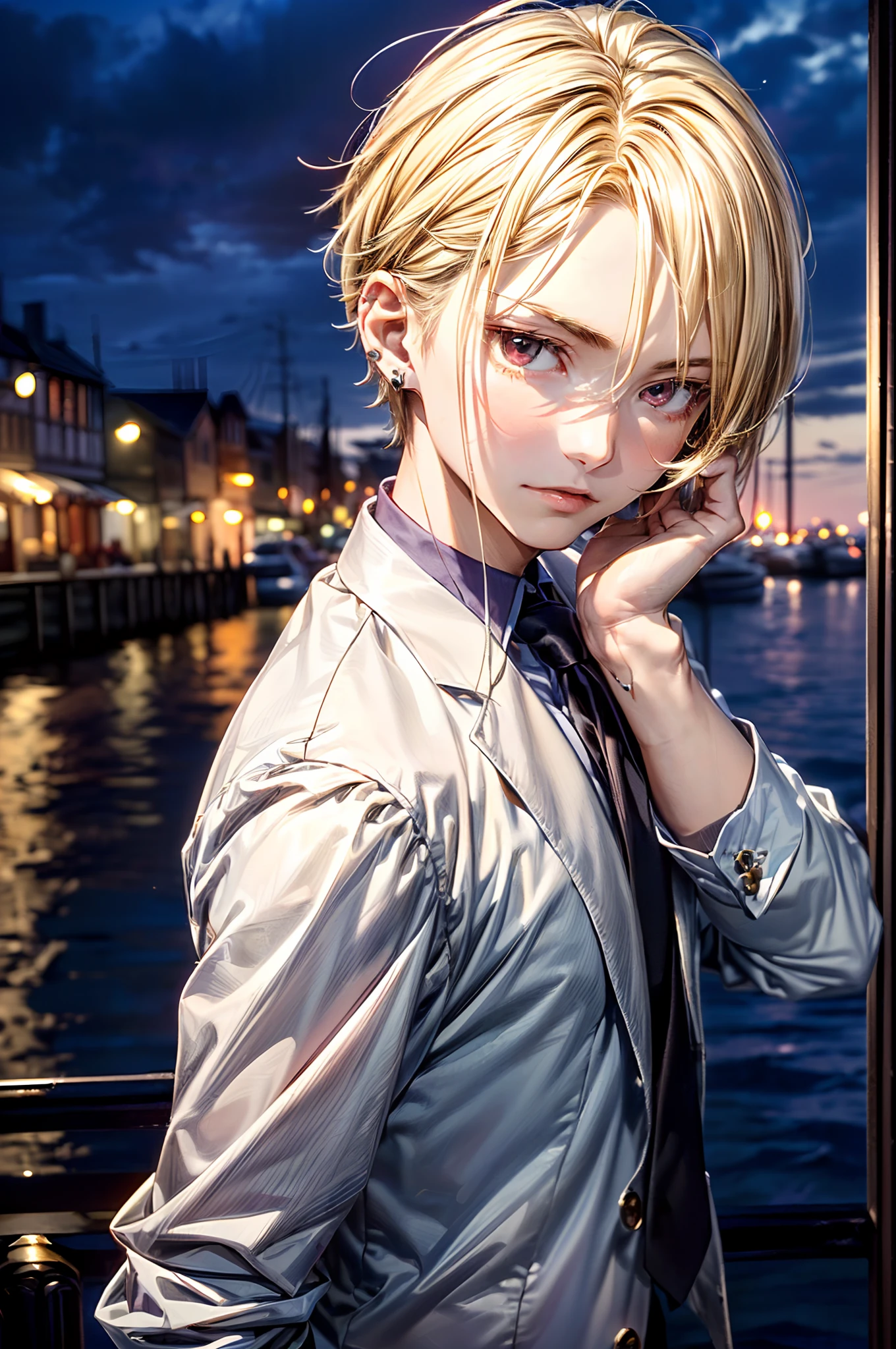 ((masutepiece: 1.4, Best Quality)), ((masutepiece, Best Quality)), Very short blonde hair、Red Eyes, (19-year-old young man:1.3), Delicate hair, real face, Suit, (Touching the right ear with the right hand:1.2),Lots of piercings, The background is the harbor at night