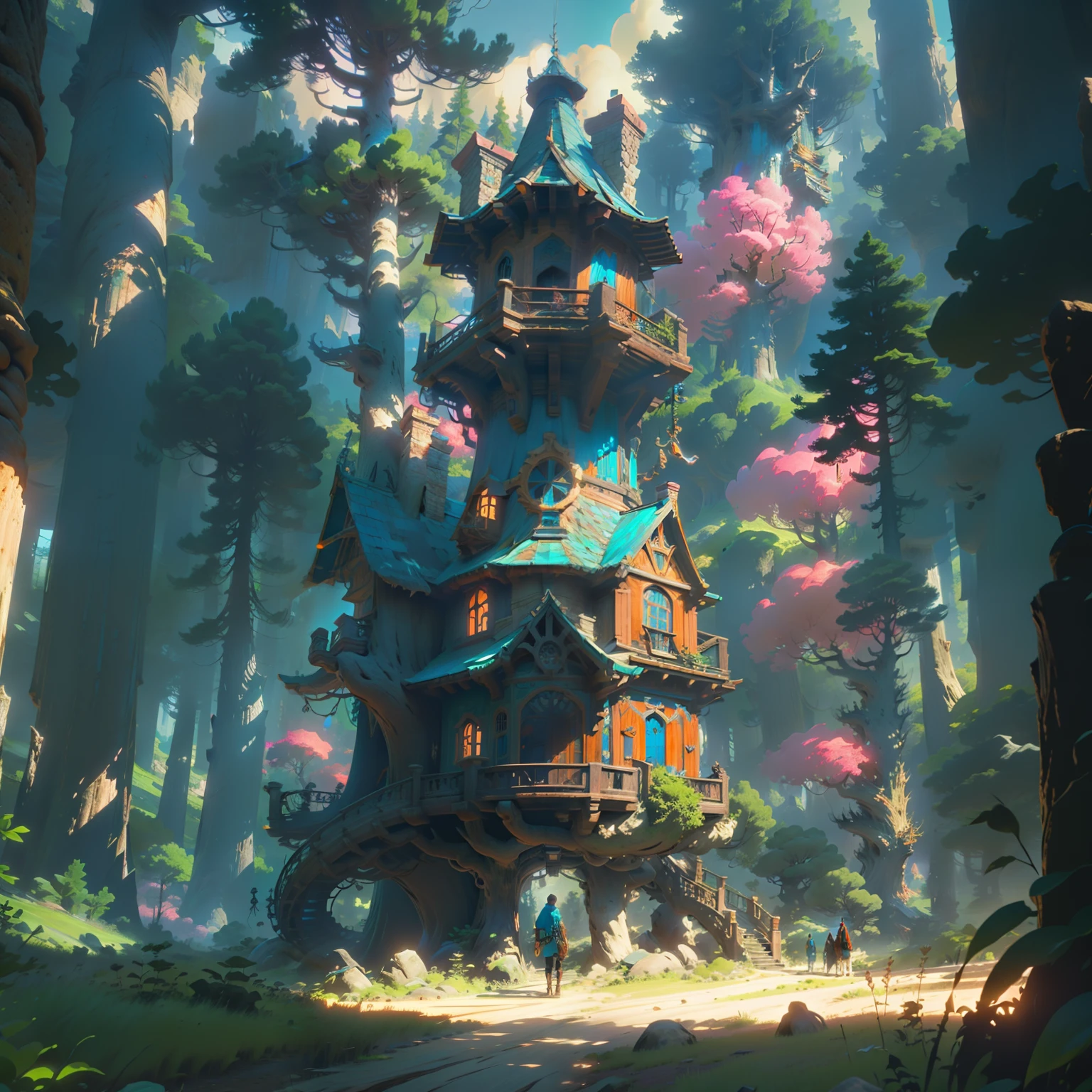 Tree house in forest infographic with illustrations, by victo ngai, kilian eng vibrant rgb colours, dynamic lighting, digital art, winning award masterpiece, fantastically beautiful, illustration, aesthetically inspired by beksinski and dan mumford, trending on artstation, art by greg rutkowski, 8 k