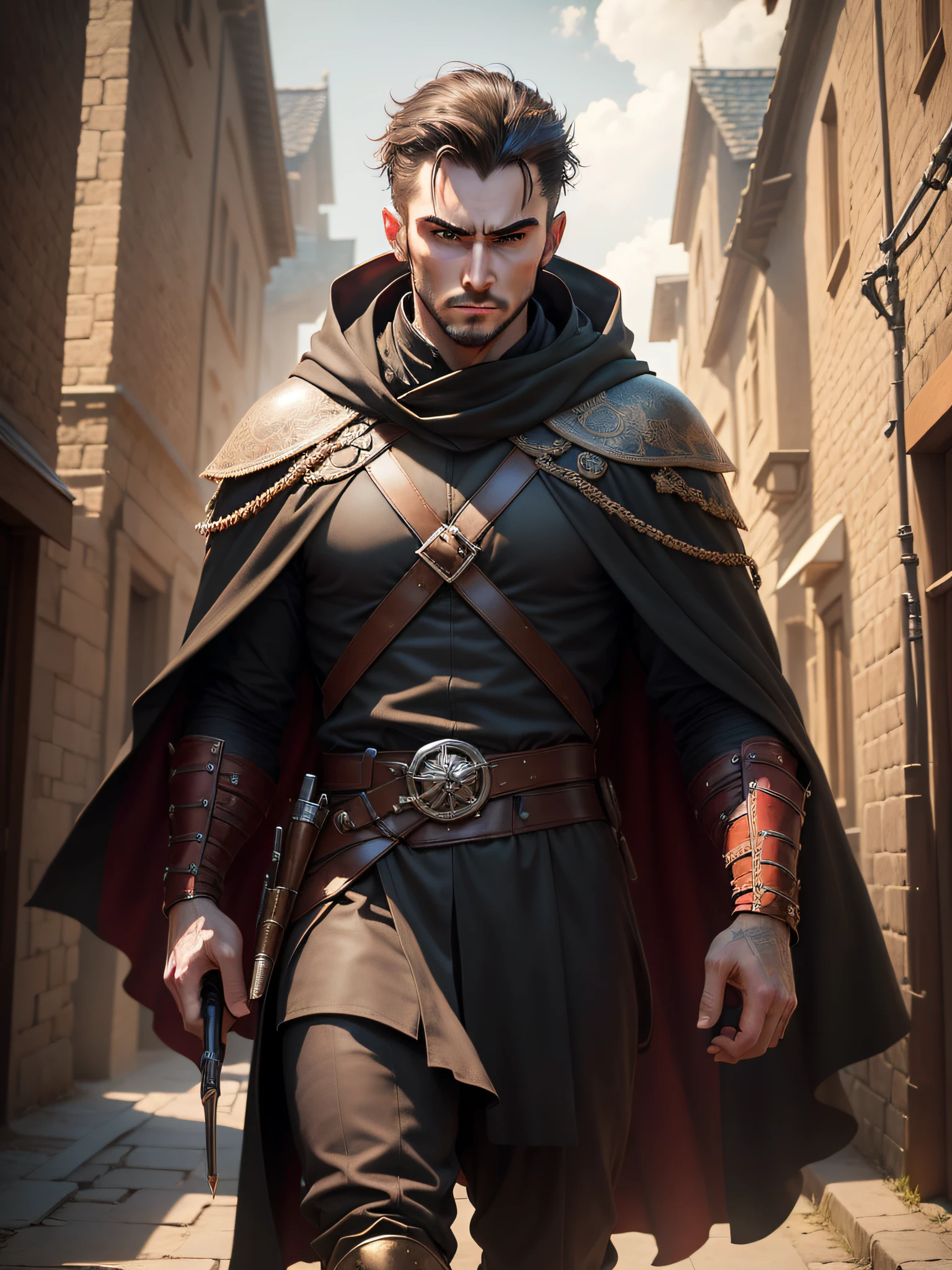 (((masterpiece, Best Quality, Ultra-detailed))), (proficient male assassin, walk, looking down forward, solo, unapproachable vibe, expressionless, serious, Perfect fingers, Perfect hands), 35 years old, (medieval assassin costume, assassin's cloak), Medieval secret town in the background, night, cloudy, Dynamic Angle, extremely short hair, male villains face, male eyebrows, sharp eyes, sharp nose, forehead, red pupils glowing,