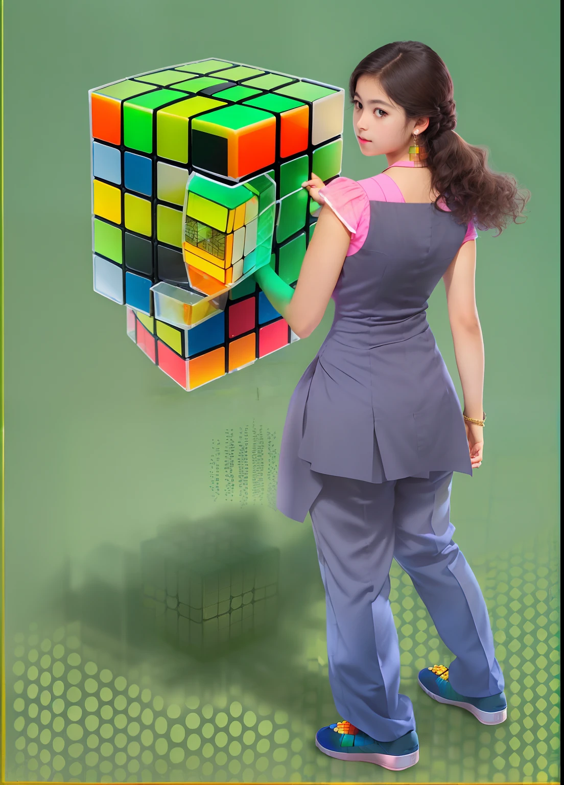 ((A girl standing)), ((corpo inteiro)), ((holding A transparent Rubik's Cube)), ((alta qualidade)), ((alta resolução)), foco no cubo, com raios saindo do cubo, tecnologia,