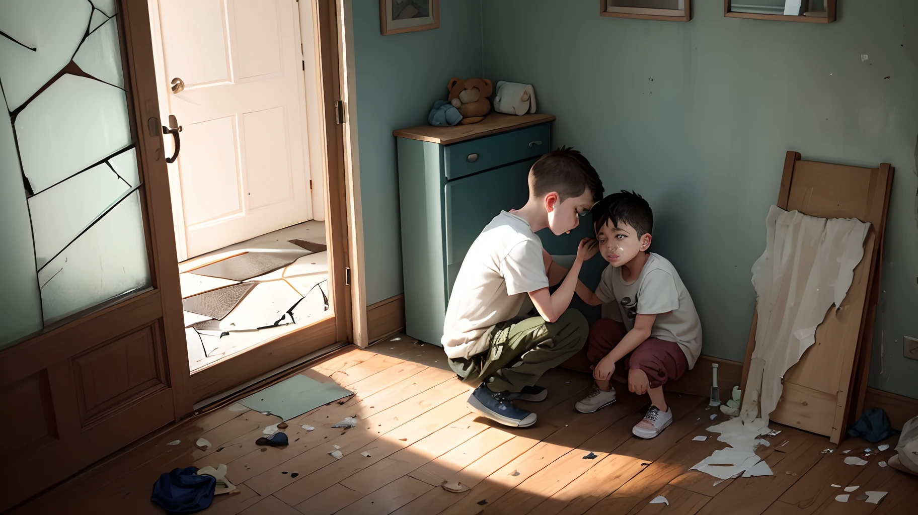 Inside the bedroom, The squatted on the ground crying with his brother in his arms, And outside the door, parents are arguing, broken glass, mess
