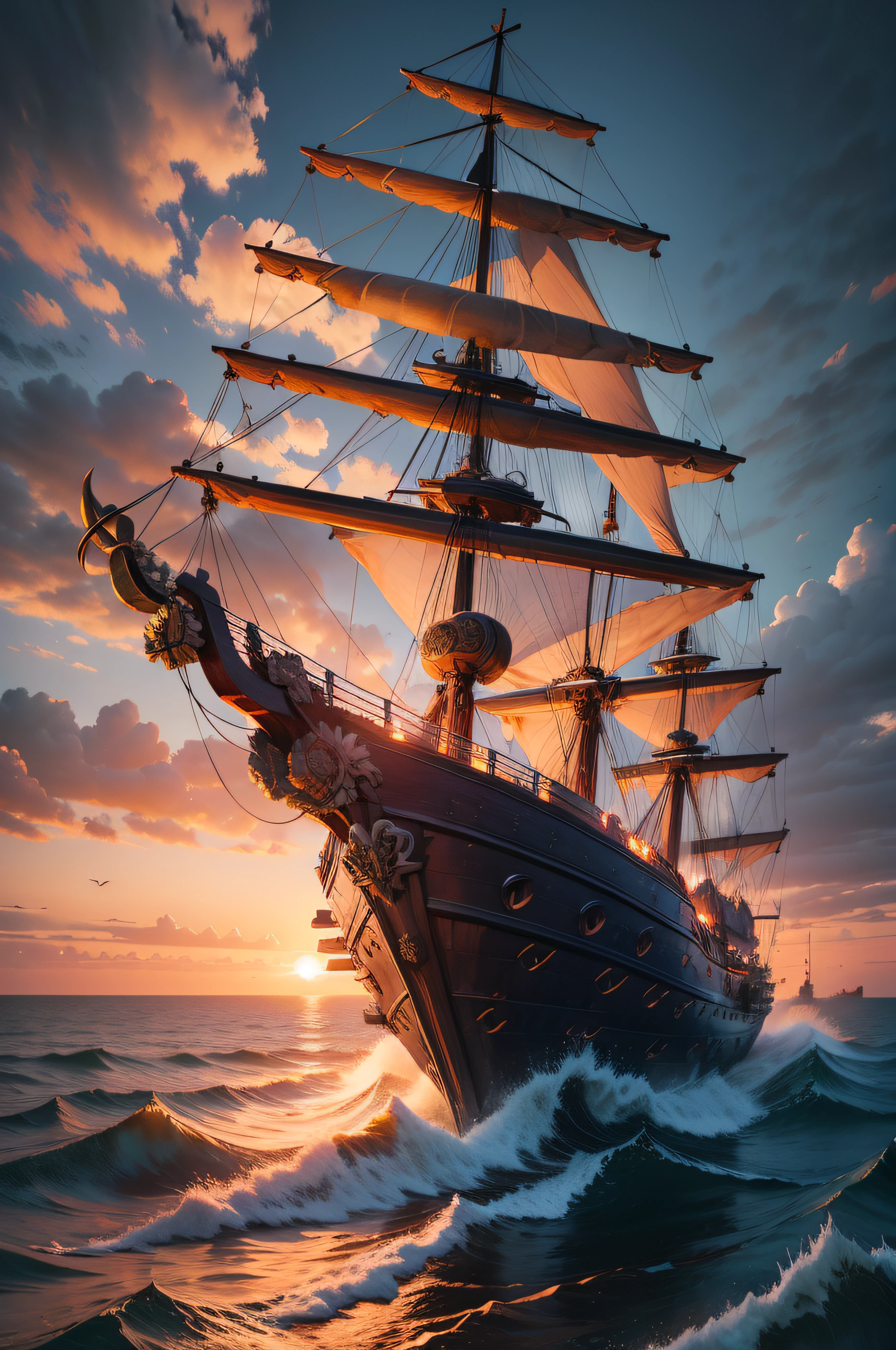 Set against a stunning sunset, a (huge tall ancient wooden galeon:1.5) braves the wild seas. The sky is ablaze with hues of orange and red, contrasting with the majestic sails of this ancient ship dominating the picture. flying dutchman, sovereign of the seas, seven provinces, eendracht, photorealistic, scenery,absurdres,hyper realistic lifelike texture dramatic lighting unrealengine trending on artstation,award winning photo,nikon RAW photo,8k,masterpiece, best quality,  cinematic, detailed, realistic, 8k uhd, high quality, (****), eldritch, misty, volumetric lighting, horror, nightmare, night,the night--DPM++ SDE Karras