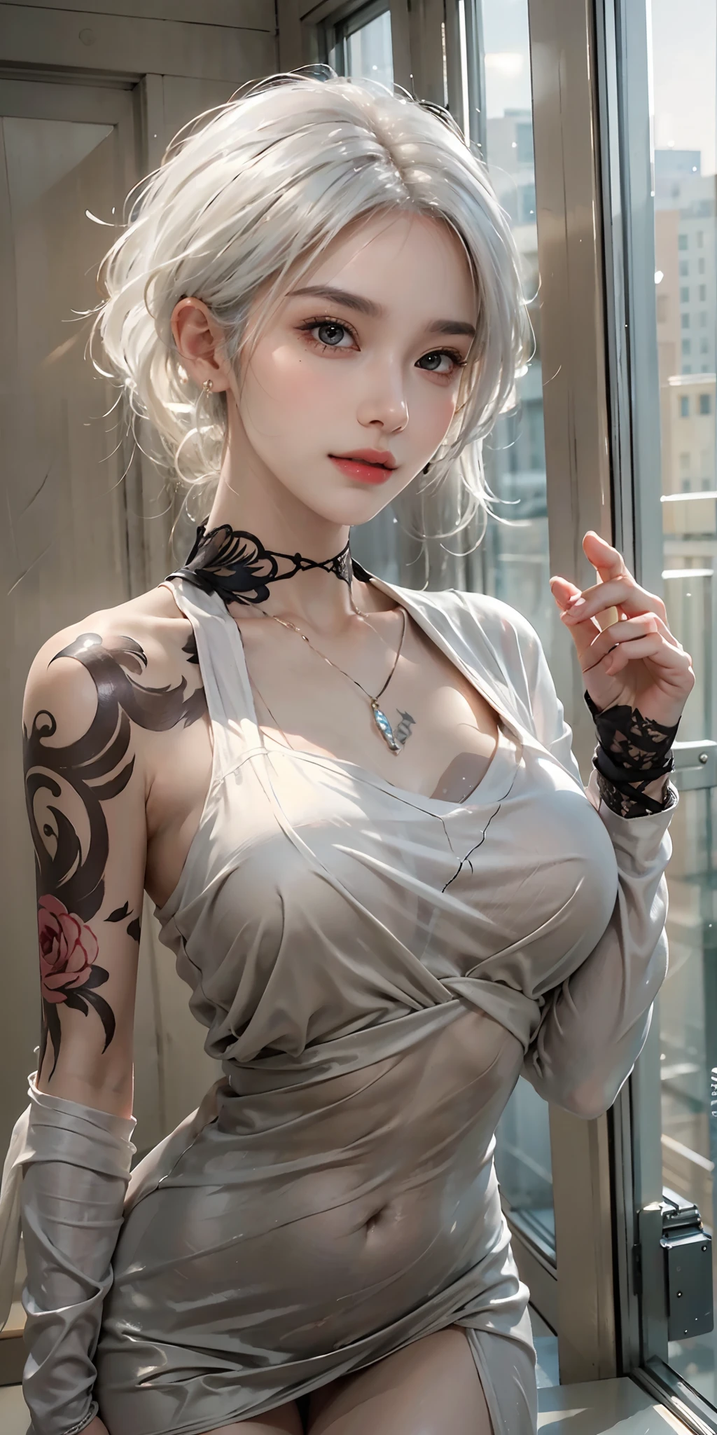photorealistic, high resolution, soft light,1women, solo, hips up, shining skin, (detailed face),tattoo, jewelry, elegant dress, white hair, Beautiful Soldier, Eyes That Invite Viewer, Lover's Perspective, Inviting Expression, Sexy Smile, Perfect Style, Perfect Balance, Detailed Skin, Naughty Gaze, Chest Visible