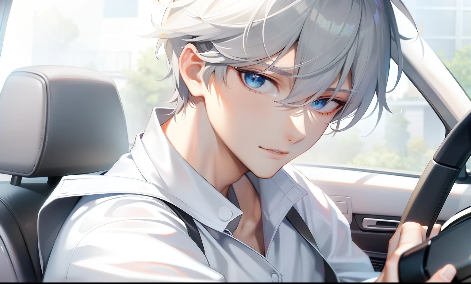 Anime people sit in cars with steering wheels and white shirts, Tall anime guy with blue eyes, young anime man, Anime handsome man, male anime character, Anime boy, Guviz-style artwork, Smooth anime CG art, kaworu nagisa, Handsome anime pose, Guviz, Male anime style, clean and meticulous anime art