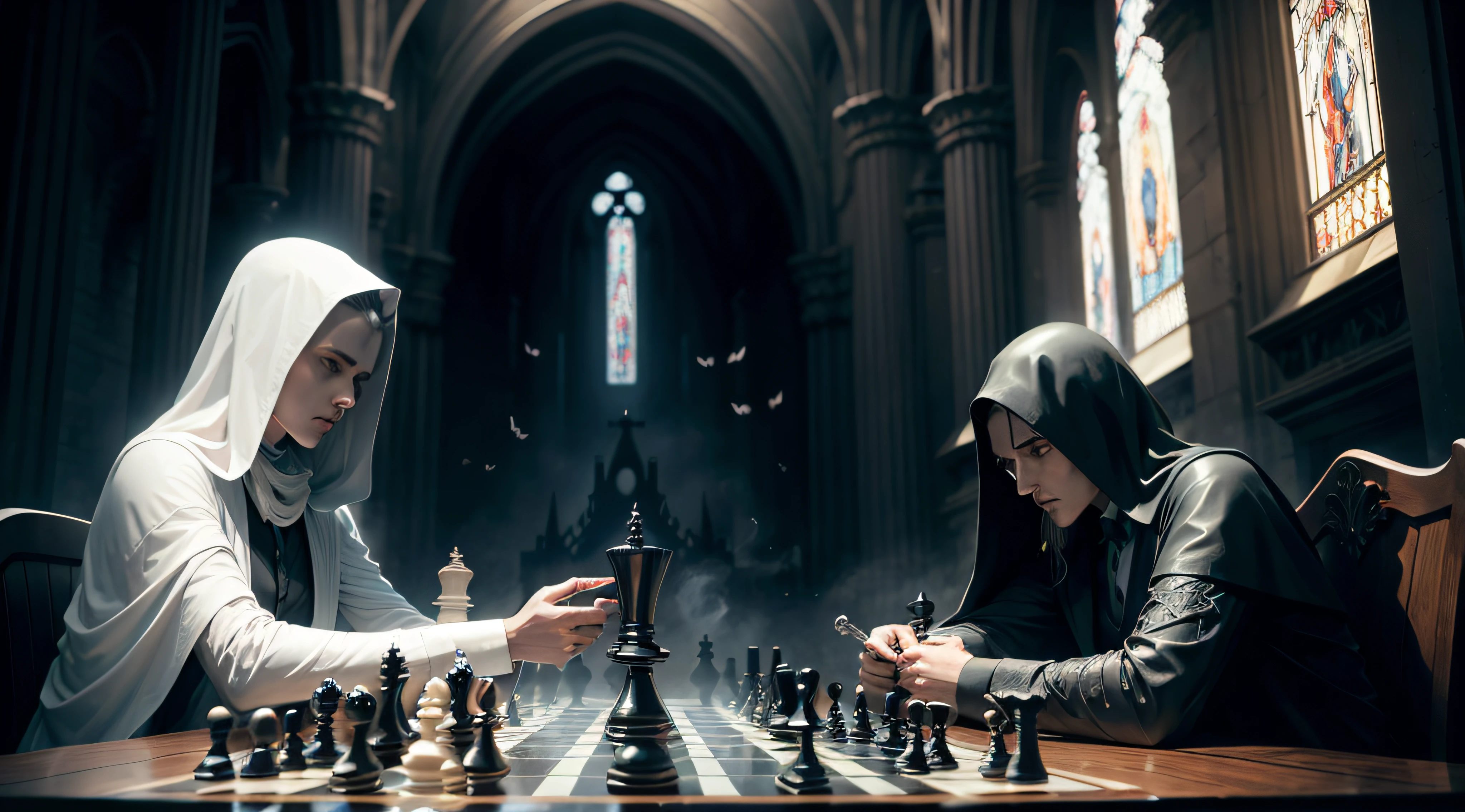 angel of light plays chess with grim reaper, dark fantasy, gothic atmosphere, gloomy, grim reaper, chess tournament, dark cathedral background, realistic, detailed, angel versus grim reaper, 2 opponents, light versus dark, angel