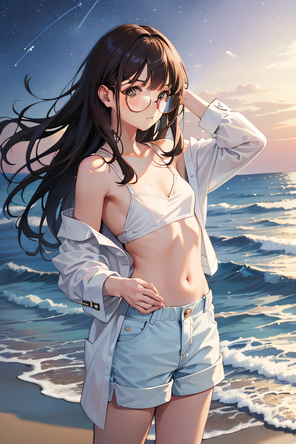 shorts, ((oversized shirt)), (high resolution, best quality), oversized cloth, beach, (round glasses), close up, brown hair, (((small breasts, flat chest))), long hair, young adult, thick thighs, feet, translucent clothing, close up shot, professional model pose, professional model, wool shirt, off shoulder jacket, white nose, sexy pose, wearing bikini under shirt, looking to the camera, hand on hair, wavy hair, shot from the back, looking to the sea, looking away from camera, strong wind, (((night sky with stars)))