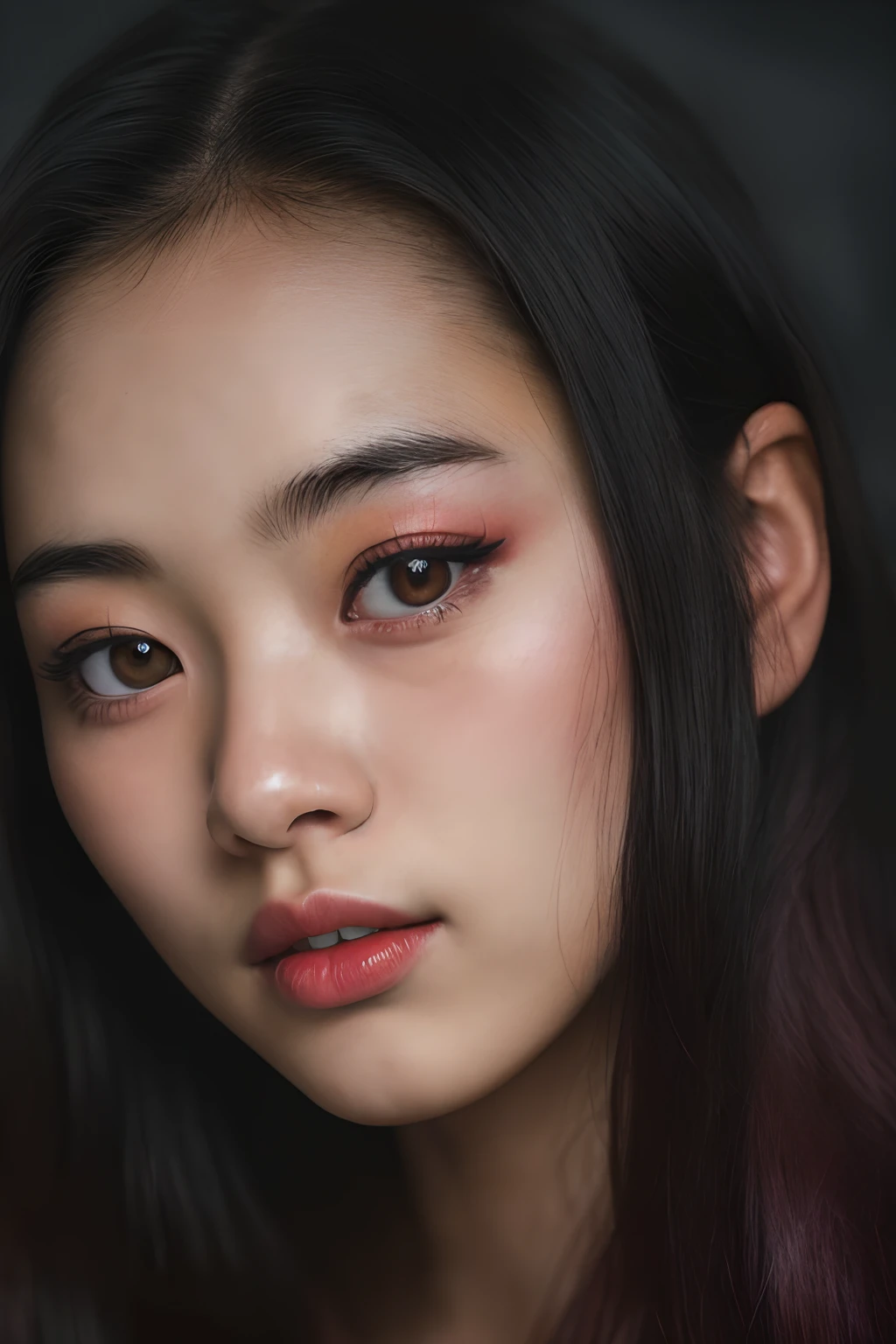(close-up, editorial photograph of a 21 year old Japanese woman), (highly detailed face:1.4) (smile:0.7) (background inside dark, moody, private study:1.3) POV, by lee jeffries, nikon d850, film stock photograph ,4 kodak portra 400 ,camera f1.6 lens ,rich colors ,hyper realistic ,lifelike texture, dramatic lighting , cinestill 800, professional makeup