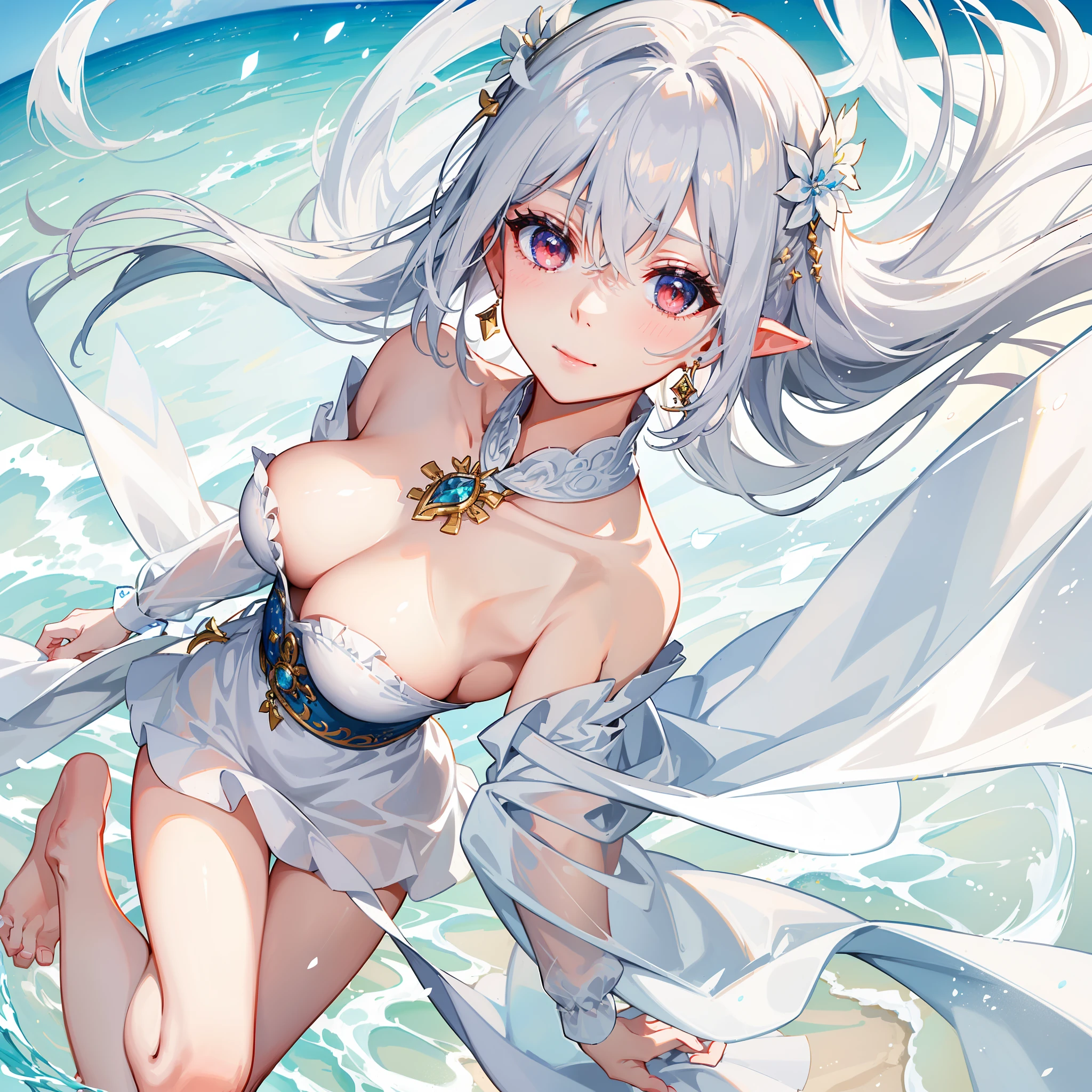 (Exquisite and delicate:1.5) Under the setting sun，A young girl stands quietly on the beach。Her hair was as white as silver，Swaying with the breeze，It exudes a faint fragrance。Her eyes were as bright as rubies，The pupils flashed with a mysterious light。She had a warm smile on her face，It's like having endless happiness。She wore a crisp white shirt，Simple and elegant，It sets off her pure temperament。She wears it with a short light skirt，Show her youthful and energetic side。She was barefoot，Step on the soft sand，Feel the sea breeze blowing，It's as if you're at one with nature。((Exquisite and delicate))(opulent,detail-rich:1.5) Artistic painting,1 woman,White hair like snow,Scattered on her shoulders，The red eyes shone with a mysterious light。She smiled and showed off her charming smile，She wore a shirt as white as snow，The lower body is a short light skirt。She stepped barefoot on the soft ground，Show her graceful demeanor。She wears a pair of gorgeous earrings，Flashing with a faint light，It adds a mysterious charm to her。The whole picture is full of detailed light and shadow effects，Highlights her beauty and nobility，It's like an elf from a fairyland。(tmasterpiece:1.5)